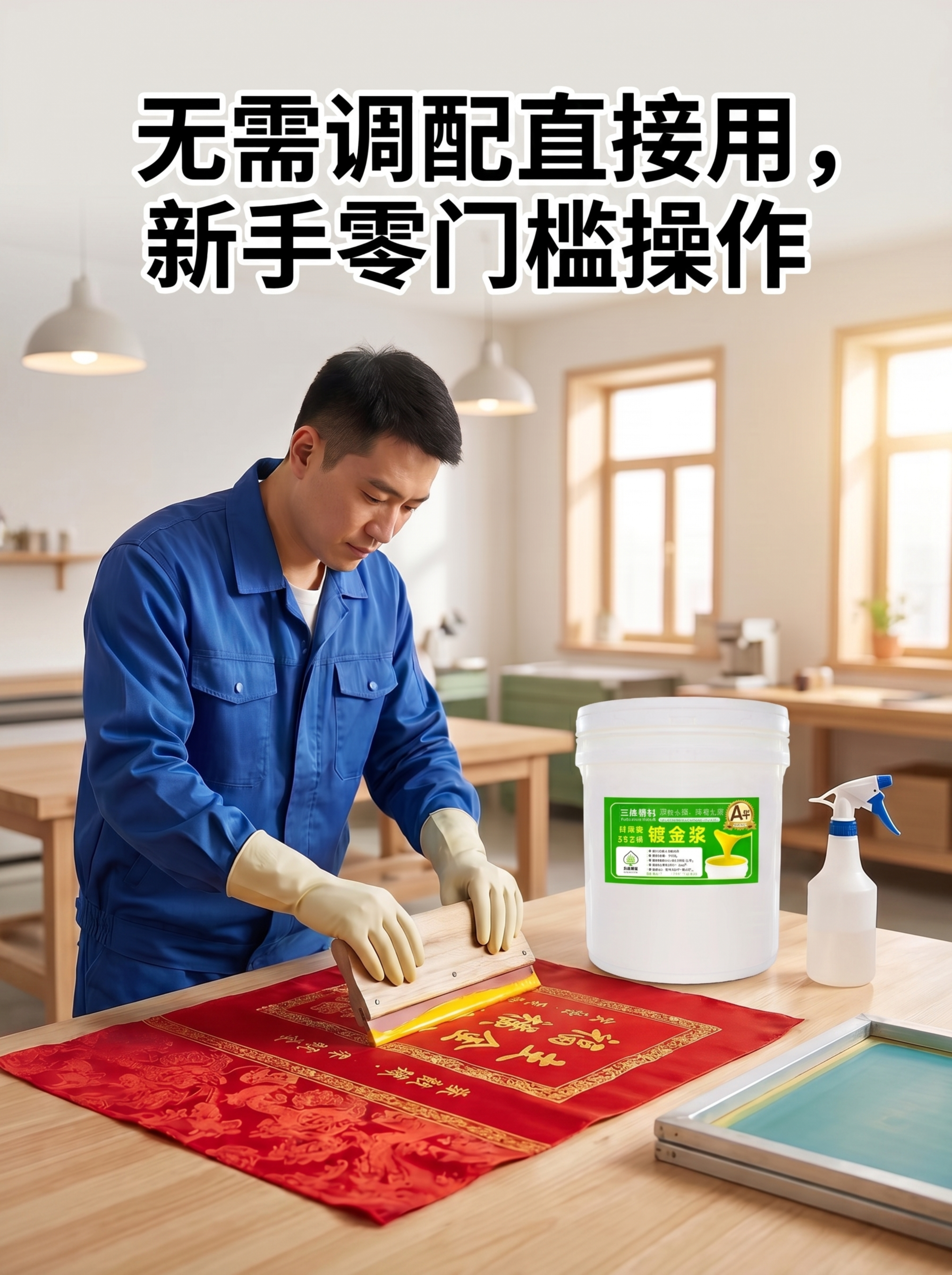 修改这张图，把男人正在印刷的布料换成红色锦旗布料，移除图片外围… - 图片创意预览