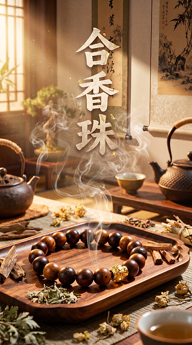 增强意境美，体现中医美容特色：加入淡雅香雾缭绕效果、草本药材元素（如沉香、檀香、艾草等隐约点缀）、柔和暖光与气韵流动感，突出‘内调外养’理念；保留原有构图与‘合香珠’标题，整体更显东方养生美学