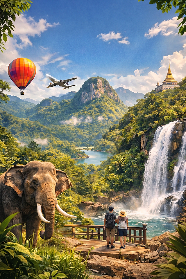 去除图片上方的文字“Khao Yai--考艾 不一样的泰国”，保持原图片其他内容和风格不变，重新绘制这片自然风景
