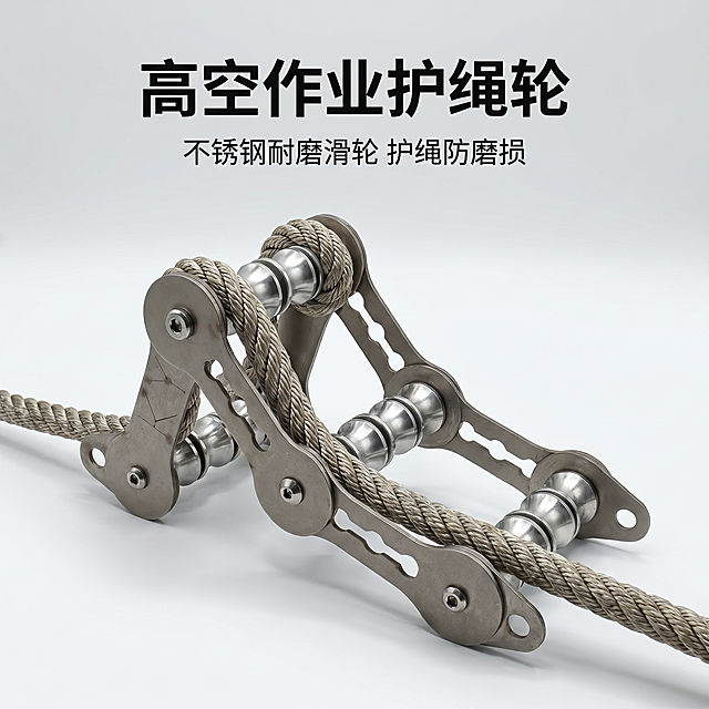 [主图] 高空作业护绳轮电商主图，1:1正方形竖版
[氛围风格] 工业硬核风格，杂志精致排版，画面干净高级，重工电商视觉风，无多余杂物
[画质] 高清8K工业产品写实棚拍质感，产品细节清晰锐利
[元素] 严格还原上传的护绳轮产品图，整体造型、不锈钢支架、实心小钢轮结构、尺寸比例1:1完全不变，保留不锈钢哑光拉丝质感、小钢轮高光金属质感。护绳轮上缠绕贯穿加粗高空作业安全绳，绳索自然贴合钢轮表面，呈现绳子与钢轮接触摩擦的真实工作状态，绳索纹理清晰、紧绷自然不僵硬。产品主体居中放置，占比约70%，高级浅灰渐变极简背景。保持产品和输入参考图完全一致，杜绝结构变形和色差
[光影] 专业影棚侧光打光，勾勒金属轮廓与绳索质感，主光突出主体纹理，辅光柔化阴影，光影通透自然，金属光泽还原真实
[配色] 主色调为不锈钢银灰+支架深灰，背景浅灰渐变，整体色调统一简约
[视角构图] 45度斜侧拍摄角度，主体完整居中不裁切，画面满屏无边框，构图均衡
[文字版式] 顶部居中主标题加粗："高空作业护绳轮"，副标题小字："不锈钢耐磨滑轮 护绳防磨损"，标题粗大有冲击力，副标题缩小，文字不遮挡产品主体，清晰易读
[比例分辨率] 1:1比例，2K分辨率，超高清，文字清晰可辨
[负向提示词] 模糊低清、产品造型变形、更改不锈钢材质、变成塑料滑轮、绳索扭曲怪异、绳子悬浮不贴合轮子、卡通手绘、插画动漫、水印文字、多余人物、背景杂乱、过曝暗沉、生锈瑕疵、比例失调、廉价感、多余装饰、配色错乱