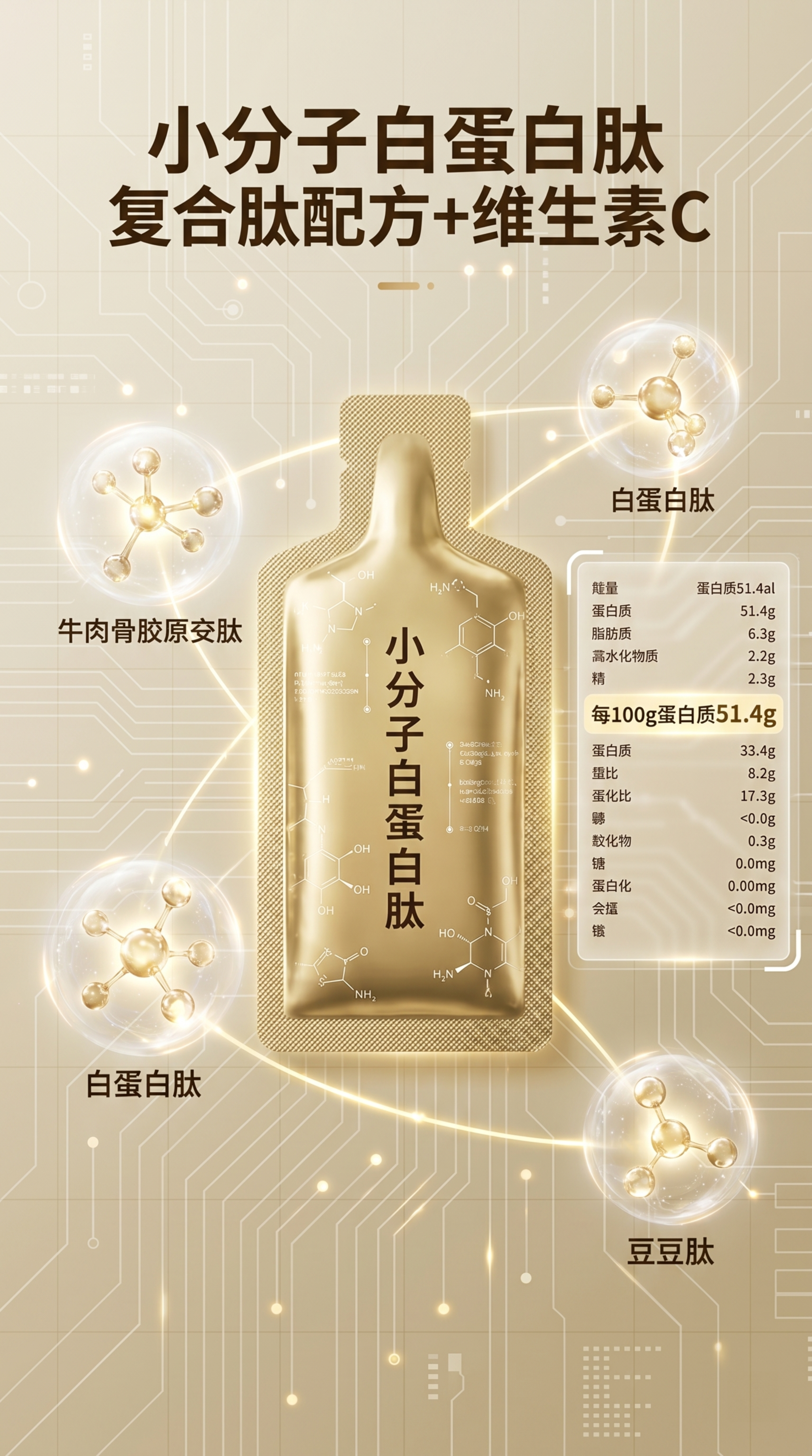 科技分子结构风，小分子白蛋白肽产品袋特写居中展示，周围悬浮牛骨… - 图片创意预览