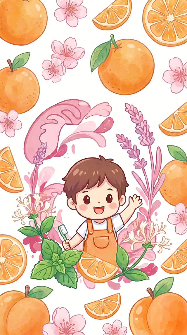 参考原图风格，生成橘子主题插画，将图中的小女孩换成小男孩，保留水彩手绘风格，整体构图和元素布局与原图一致，替换桃子为完整的橘子和切开的橘子片，保持清新可爱的卡通风格，白色背景