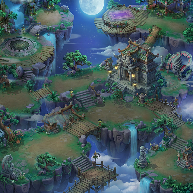 保持原图仙侠古风月夜浮空岛的美术风格，生成一张布局完全不同的1:1正方形仙侠游戏场景图