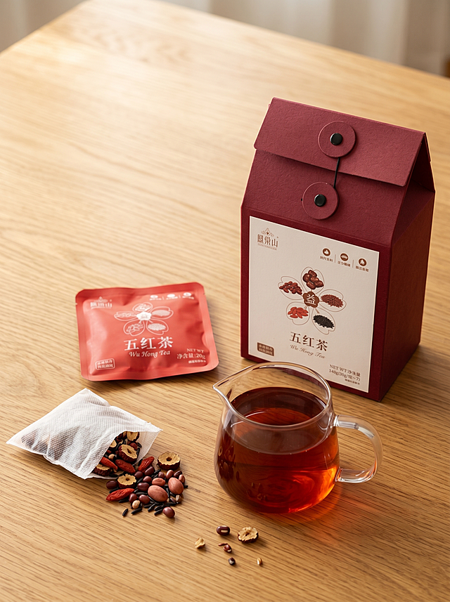 原木餐桌场景，五红茶礼盒、独立茶包和内包茶包组合展示，严格参照上传产品图，完整保留所有可见组件、轮廓、结构、比例、材质、颜色与产品本体上的文字信息，与上传图完全一致。内包茶包拆开展示原料，旁边放透明玻璃茶壶泡好茶汤，整体布置简约干净。
卖点：五种红色食材科学配比，温和滋养
氛围：自然清新，日常养生，温馨干净
色调：枣红色包装，原木餐桌，透明玻璃，暖调自然光
构图：礼盒在右茶包在左，俯拍中景，错落摆放
光影：主光从上方窗户自然光垂直射入，暖调柔和，产品受光均匀，暗部映射浅木色柔光
材质：纸质包装，原木餐桌，玻璃茶壶，棉麻内包
颜色：枣红色、原木色、透明、米白色
严格锁定宽高比为 3:4