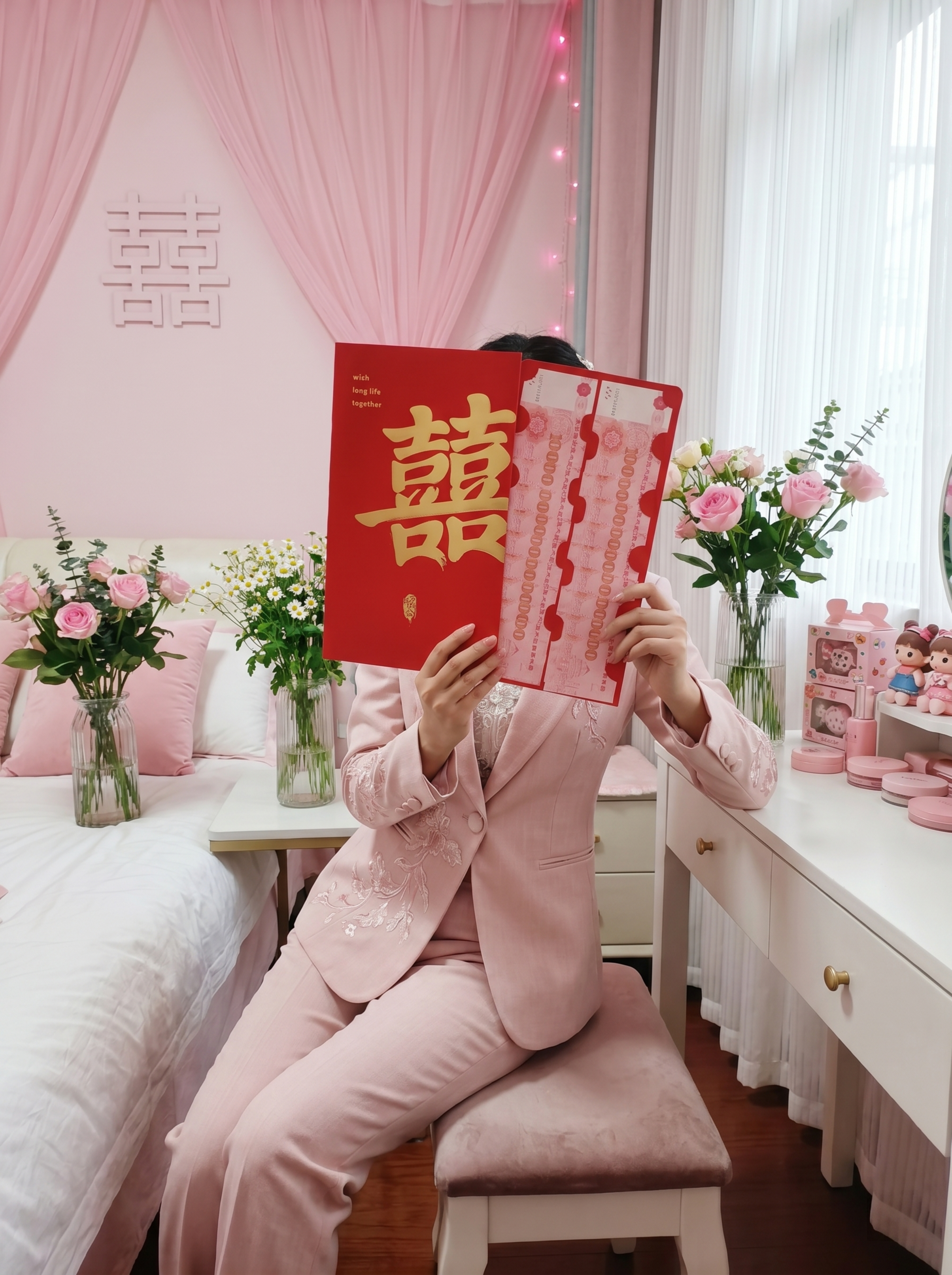 画面中心为身着浅粉色改良秀禾服的新娘，轻松坐在闺房的绒面梳妆凳… - 图片创意预览