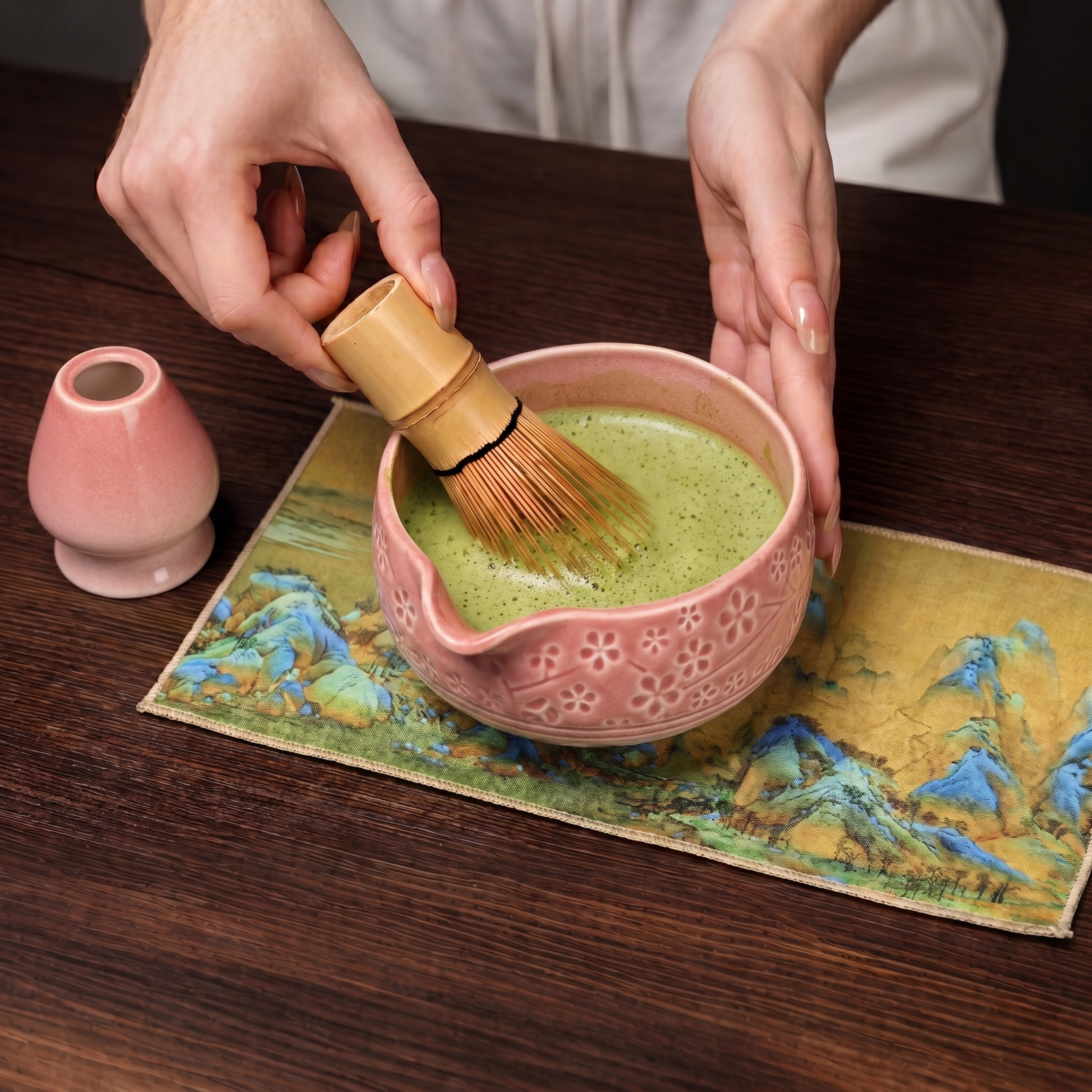 将图一中的绿色茶碗和绿色陶瓷茶宪架替换成图二中的粉色茶碗和粉色… - 图片创意预览
