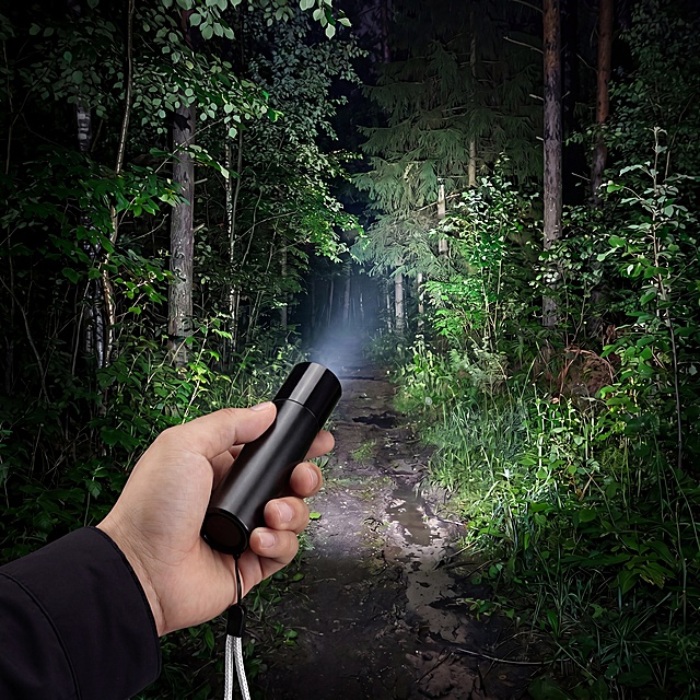 基于原图修改，保持整体森林夜景场景、手部握手电筒姿势不变，仅修改手电筒本体：将手电筒筒身表面的风景图案和尺寸文字全部去除，修改为整体纯黑色光滑质感，保留整体形状、大小、挂绳不变，保持光影和整体氛围不变，只改手电筒颜色为纯黑