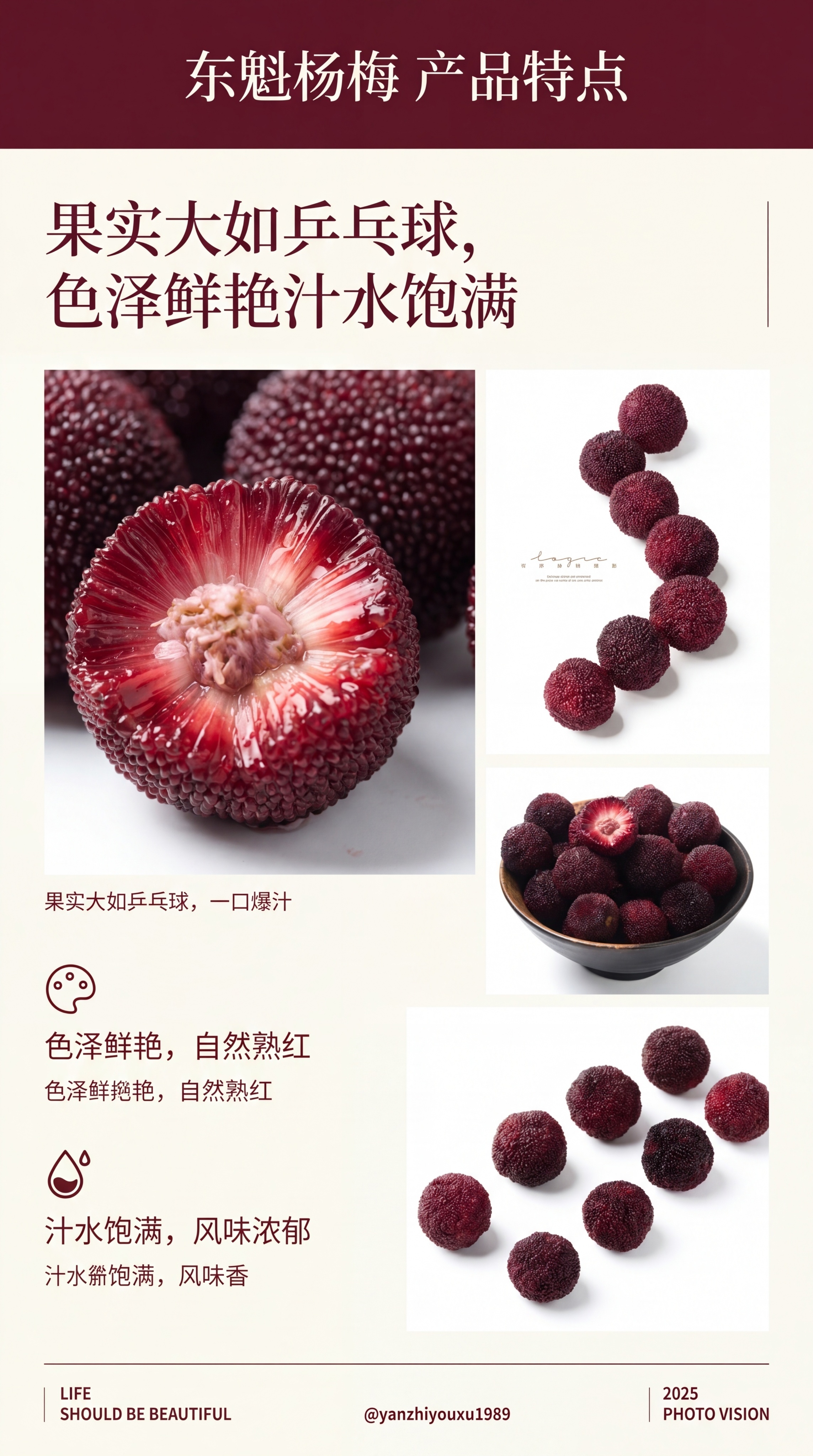 生成东魁杨梅电商详情页产品特点屏，9:16竖版，参考图1和图2… - 图片创意预览