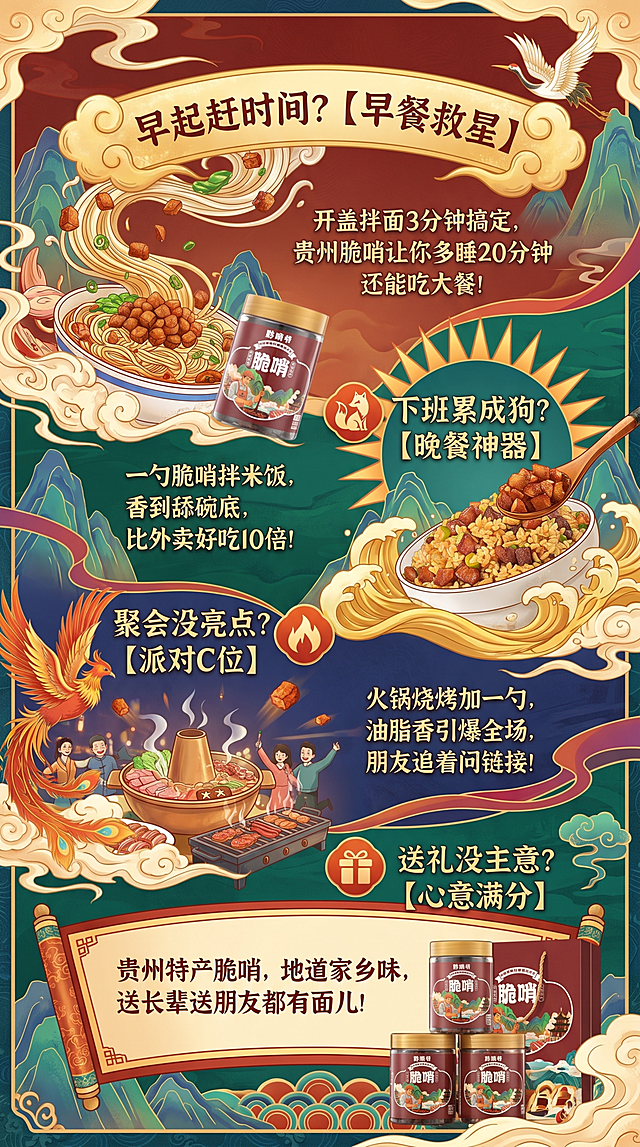 重新排版，需要更加灵动有新意、有美感的设计。保留全部文案信息：
1. 早起赶时间？【早餐救星】开盖拌面3分钟搞定，贵州脆哨让你多睡20分钟还能吃大餐！
2. 下班累成狗？【晚餐神器】一勺脆哨拌米饭，香到舔碗底，比外卖好吃10倍！
3. 聚会没亮点？【派对C位】火锅烧烤加一勺，油脂香引爆全场，朋友追着问链接！
4. 送礼没主意？【心意满分】贵州特产脆哨，地道家乡味，送长辈送朋友都有面儿！
采用错落有致的灵动排版，融入国潮设计元素，产品图自然穿插在文案间，整体协调高级有美感，依旧竖版商业海报