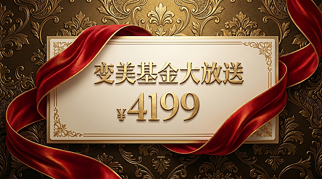 优化医美活动优惠券图片，加深层次感，更换为奢华暗金纹理背景，保留原有全部文字内容'变美基金大放送' '¥4199'，维持红丝带优惠券造型，整体大气高端优雅