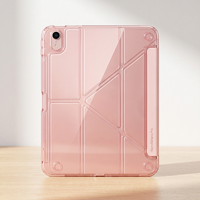 超写实商业产品摄影。
主体：iPad保护壳严格参照上传产品图，完整保留所有可见组件、部件、轮廓、结构、比例、材质、粉色透明与淡粉色皮革拼接颜色与产品本体上的文字信息，将保护壳套在iPad上展示，保护壳与iPad尺寸适配，完美贴合，产品占画面60%-70%，完整不裁切，背景无其他同类数码产品。
构图：正面平视，主体居中。
风格：极简现代。
场景：现代简约桌面展示场景。
空间：产品放置在浅木质桌面上。
配色/材质：浅木色，粉色透明PC，淡粉色皮革。
光影：主光从斜前方45°照射，漫射暖调明亮光线，透明材质呈现自然焦散效果，整体干净通透。
参数：4K 超清商业画质。严格锁定宽高比为 1:1