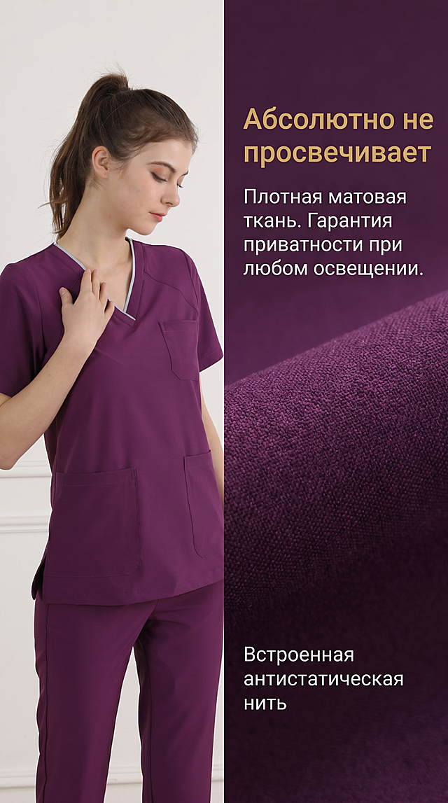 Composition: half body of the model on the left, enlarged fabric fiber details of the purple medical scrub on the right. Background is light gray clean medical texture. Add title text "Абсолютно не просвечивает", add body text "Плотная матовая ткань. Гарантия приватности при любом освещении.", add selling point text "Встроенная антистатическая нить", use sans-serif font Roboto, font color white or gold, overall clean professional advanced style, all text Russian, no Chinese. Based on the two provided pictures of the V-neck close-up to complete the design.