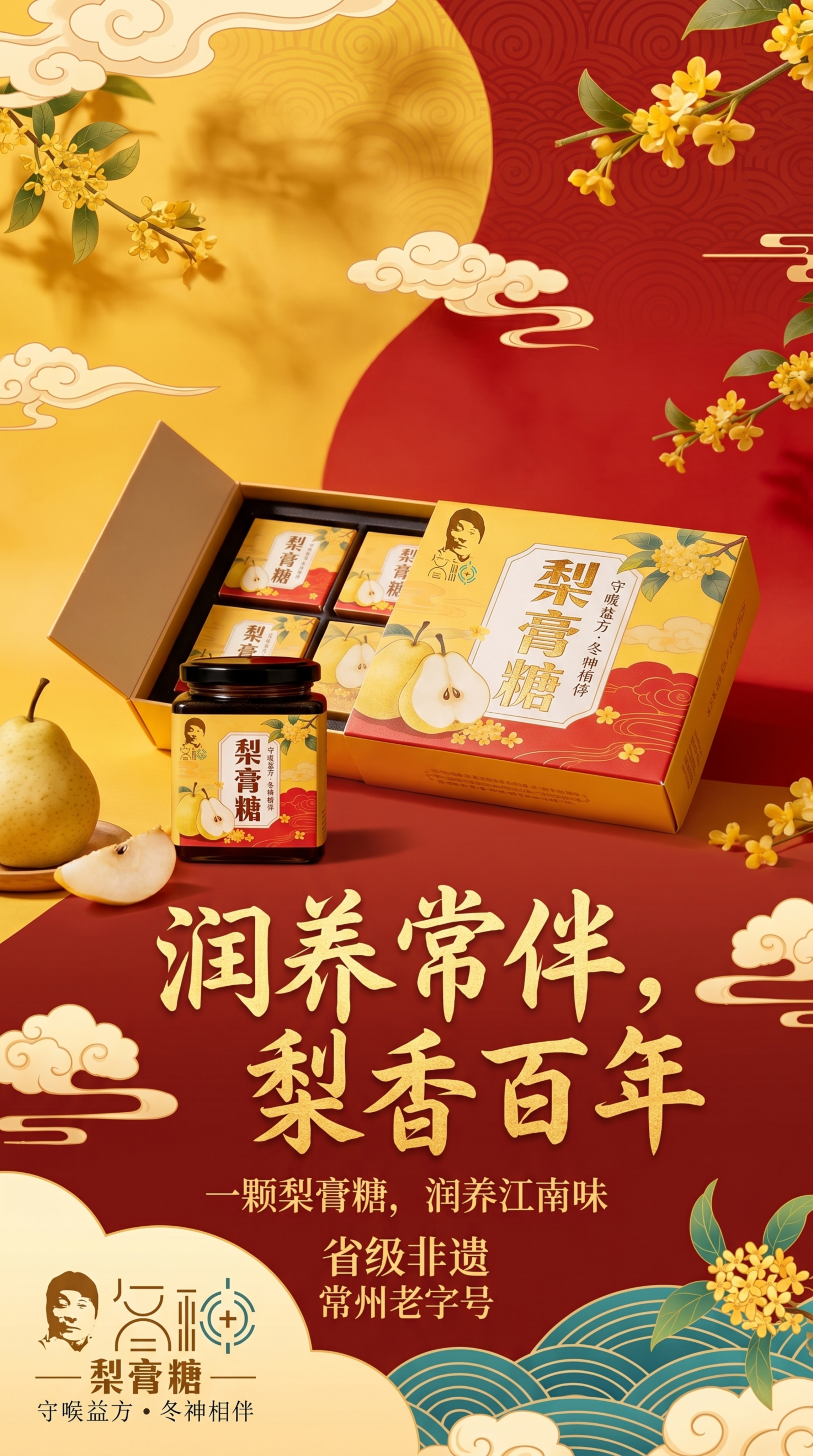 冬神梨膏糖品牌海报，整体采用暖黄和红色中式国潮风格，展示产品包… - 图片创意预览