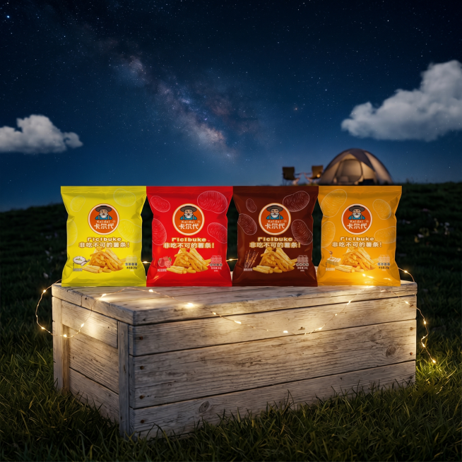 山坡露营观星场景，夜晚薯条包装放在木质露营箱上，周围有串灯暖光点缀，星空背景，浪漫氛围感，商品摄影，保留包装所有文字信息，严格锁定宽高比为1:1，4K高清预览效果
