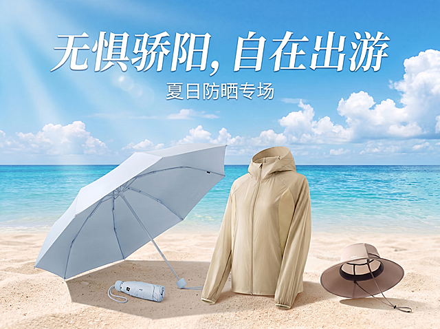 防晒主题电商海报，保留提供的浅卡其防晒衣、浅蓝色遮阳伞、卡其防晒帽三款防晒产品，清新夏日阳光蓝天背景，清爽简洁设计，主色调浅米色和浅蓝色，4:3横版，去掉防晒衣位置残留的人脸，让主标题"无惧骄阳，自在出游"和副标题"夏日防晒专场"更醒目突出，其他保持不变