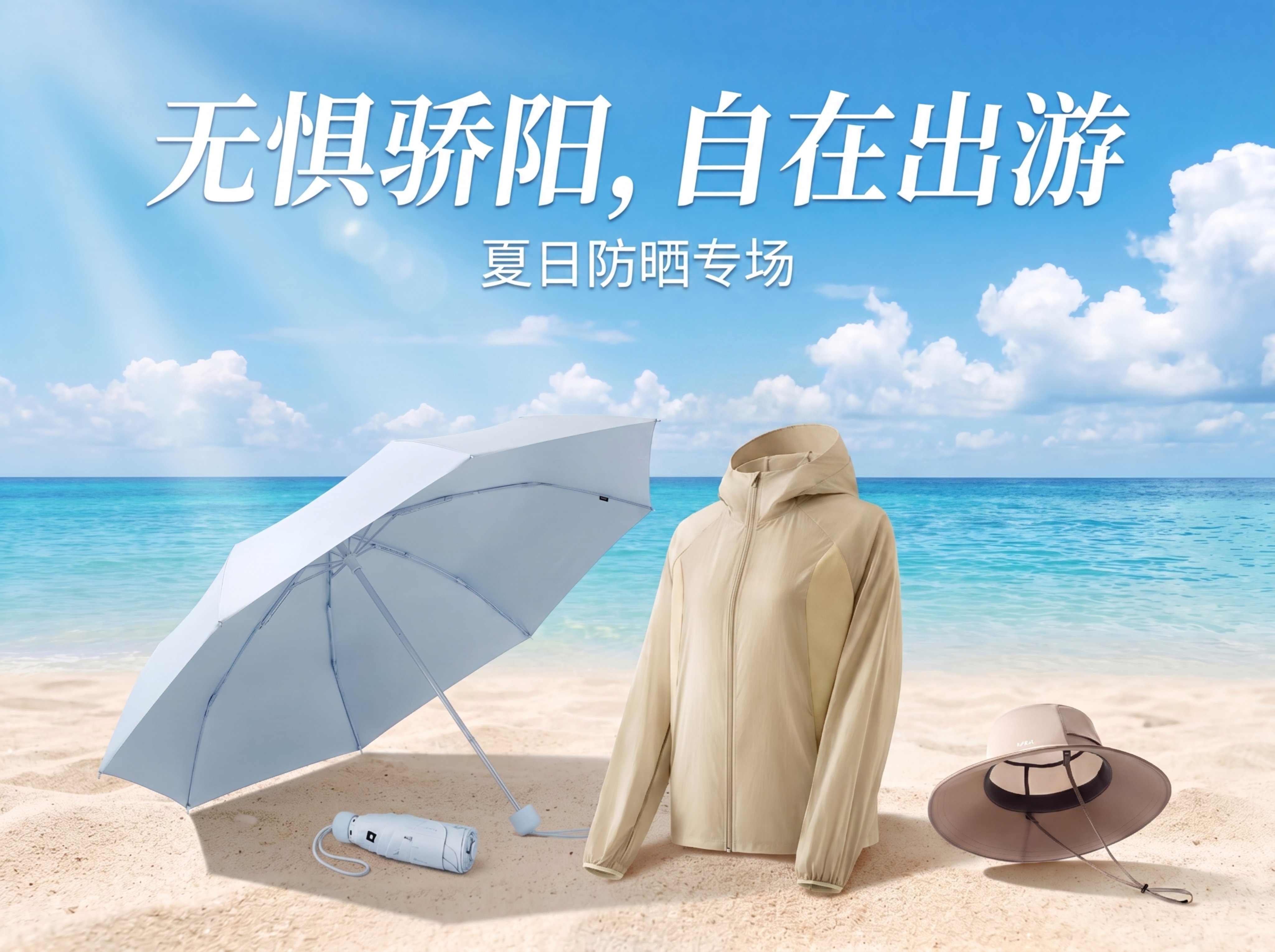 防晒主题电商海报，保留提供的浅卡其防晒衣、浅蓝色遮阳伞、卡其防… - 图片创意预览