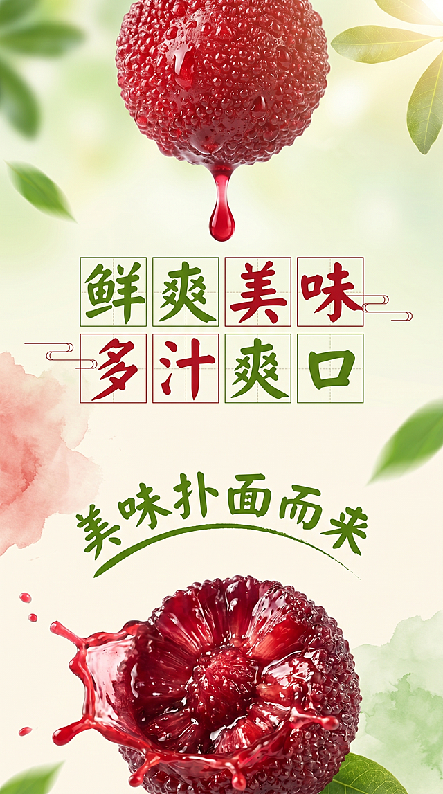 按照前5张仙居东魁杨梅的清新自然风格，参考第6张图片的排版：上方是一颗完整杨梅，有红色果汁从杨梅滴落，中间分四块排版文案"鲜爽美味"“多汁爽口”，下方放置切开爆汁的杨梅，加上文案"美味扑面而来"，整体为竖版电商详情页设计，配色保持红绿清新风格，不要和前面5张内容重复