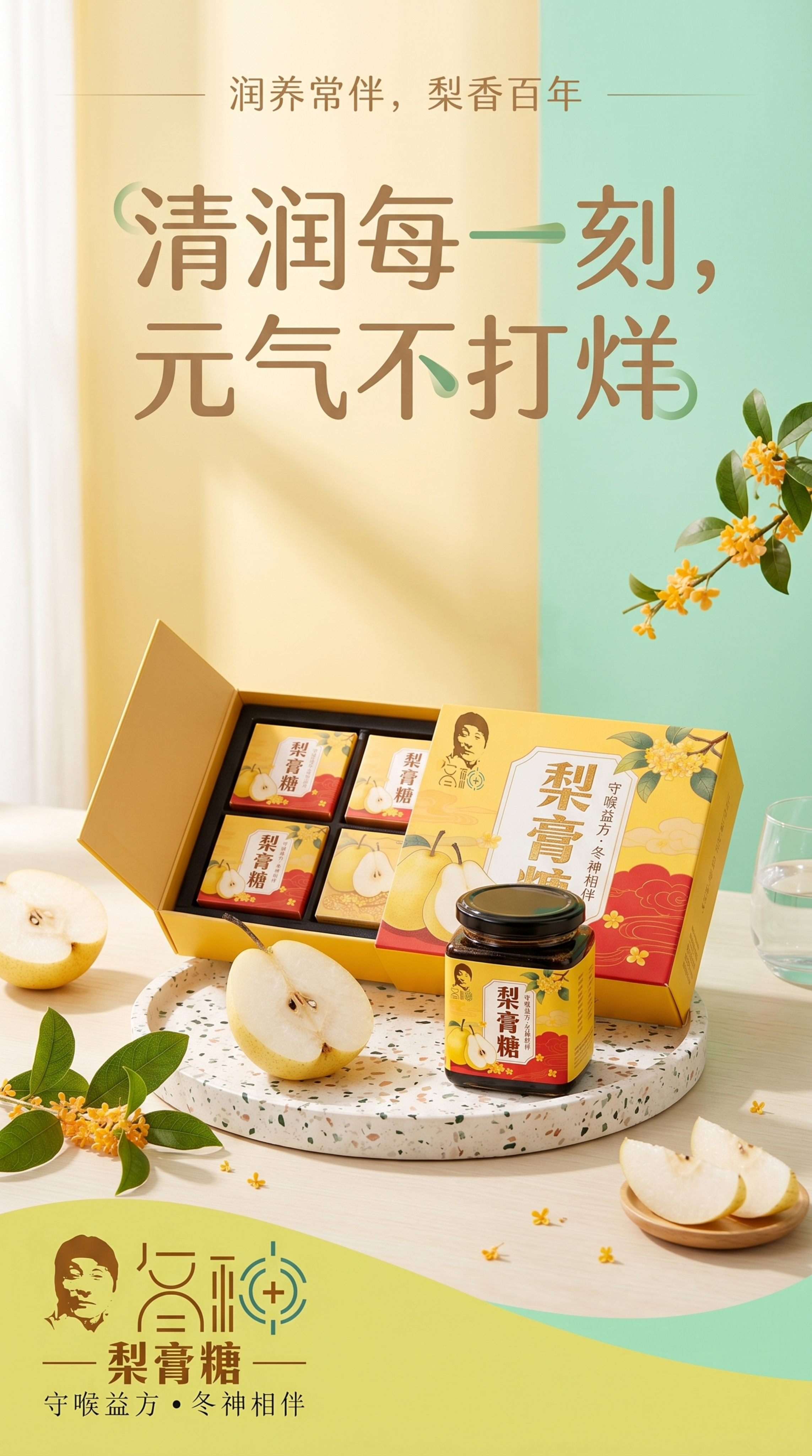 冬神梨膏糖年轻化品牌海报，活力元气清新风格，暖黄绿色调，ins… - 图片创意预览