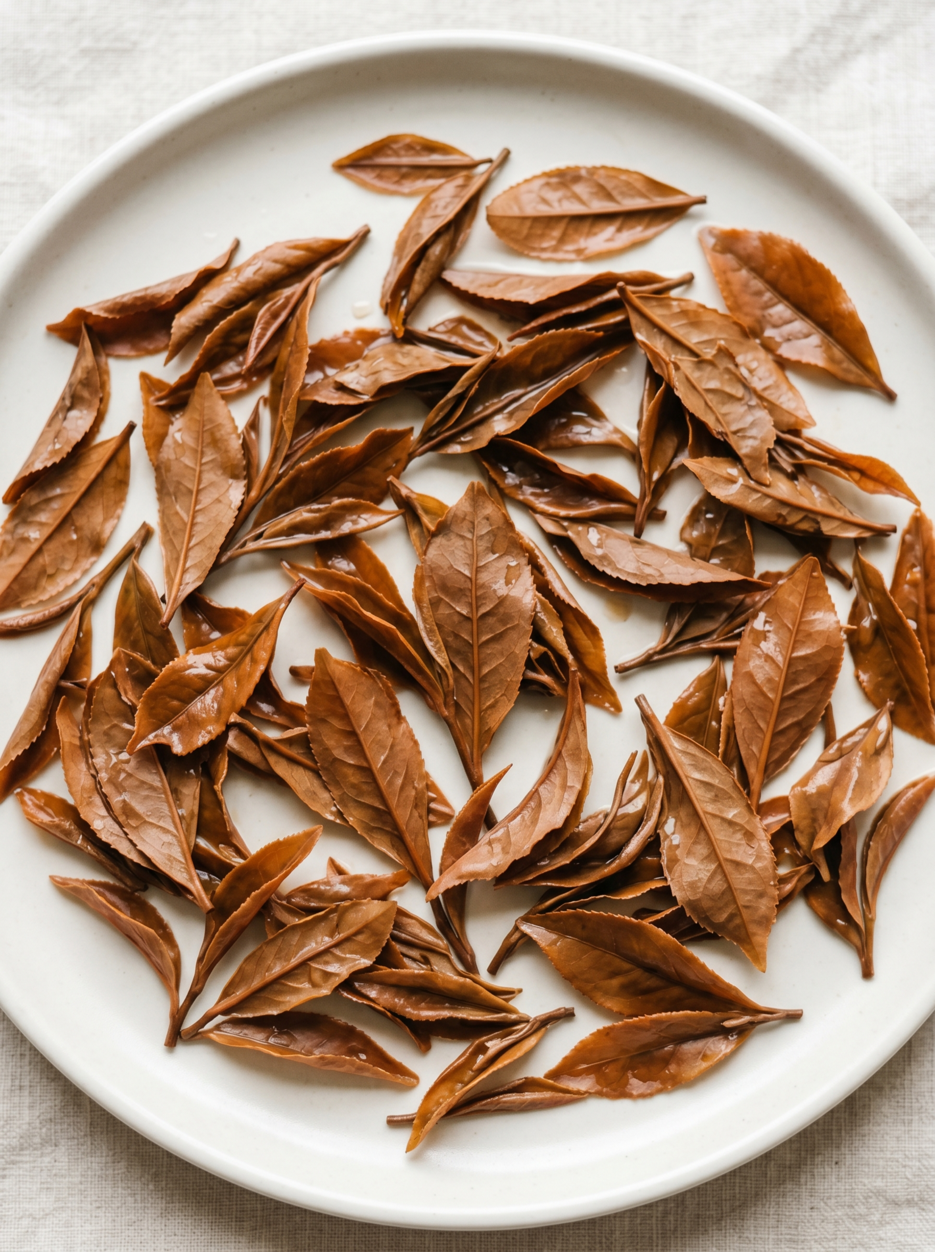 产品摄影，平铺红茶叶底高清特写，冲泡后叶底柔软鲜活叶片完整，色… - 图片创意预览