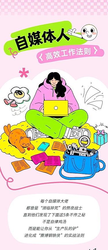 自媒体人副业攻略技能流程插画手绘风文章长图