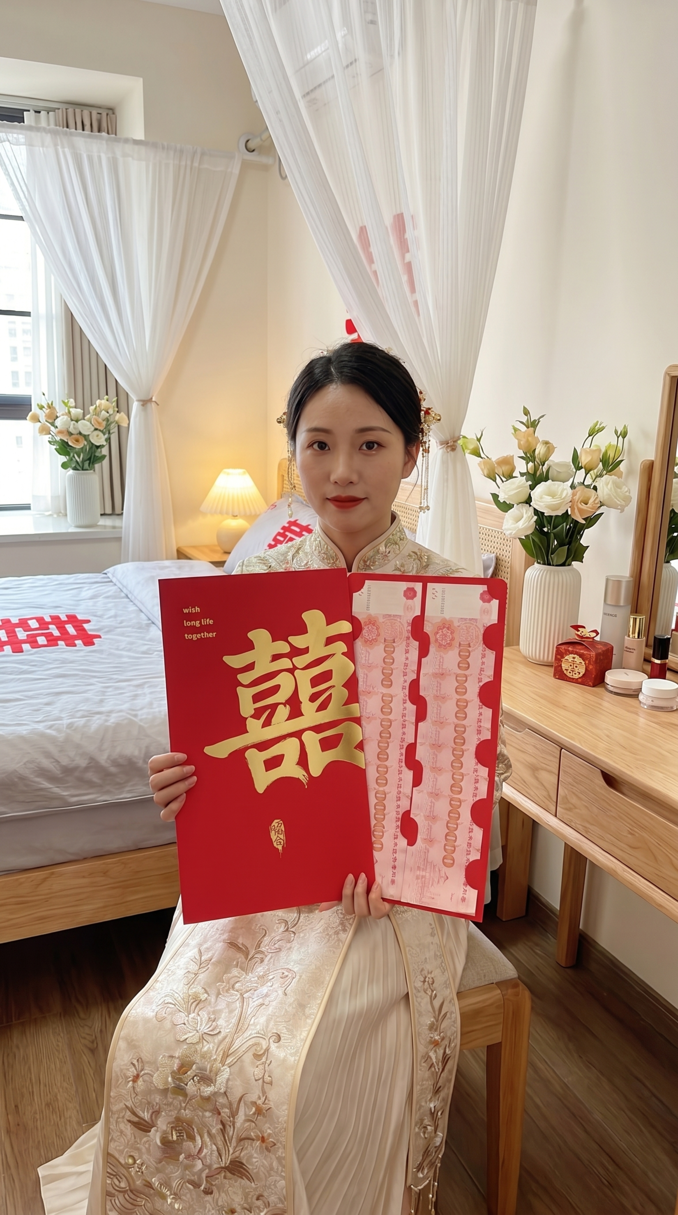 画面中心为身着简约新中式秀禾服的新娘，端正坐在闺房的实木梳妆凳… - 图片创意预览