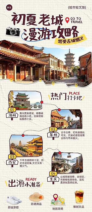 城市轻文旅Citywalk短途游周末游游拼贴风旅游公众号长图海报