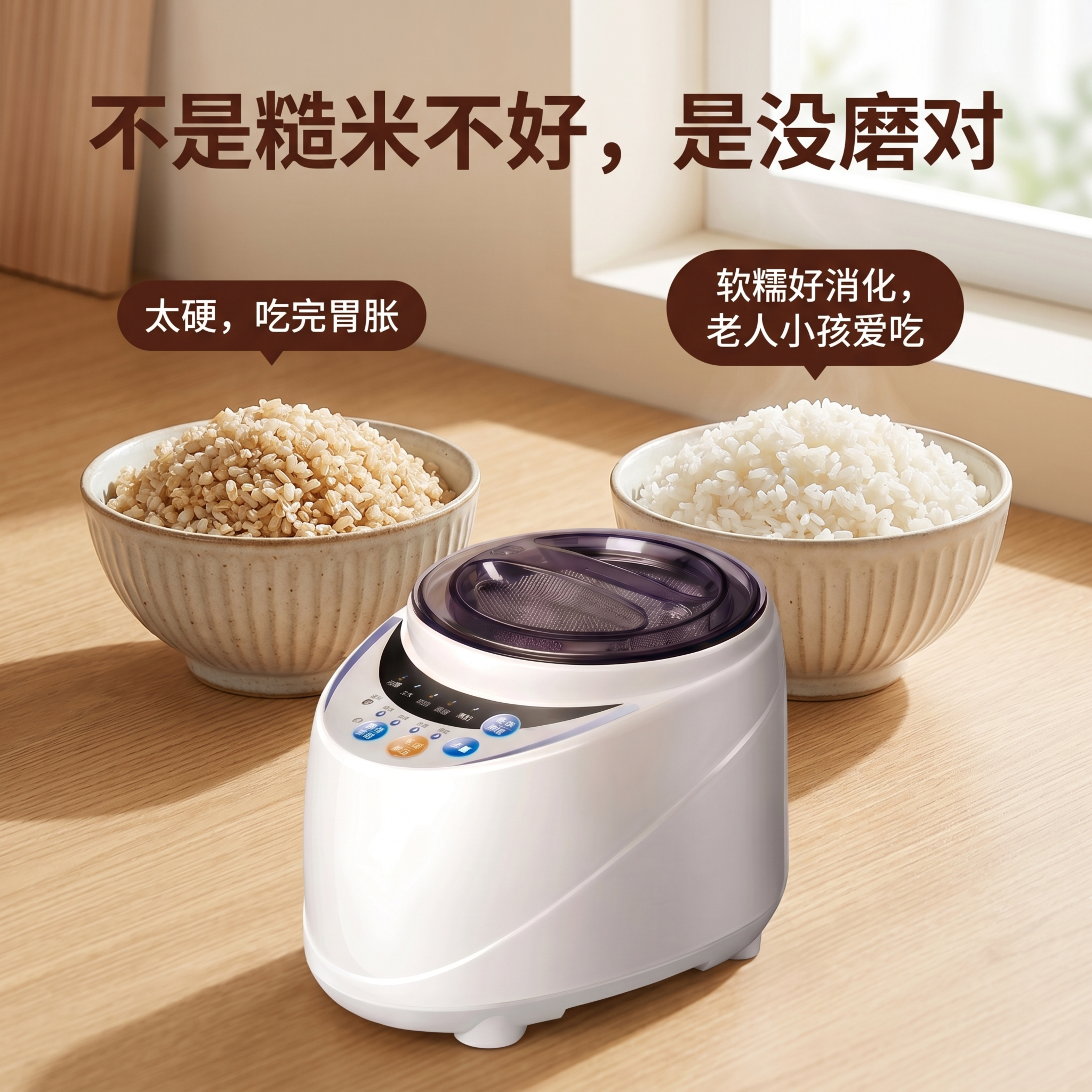 电商产品宣传图，商品为家用谷物精磨机。画面左侧放一碗煮好的整碗… - 图片创意预览