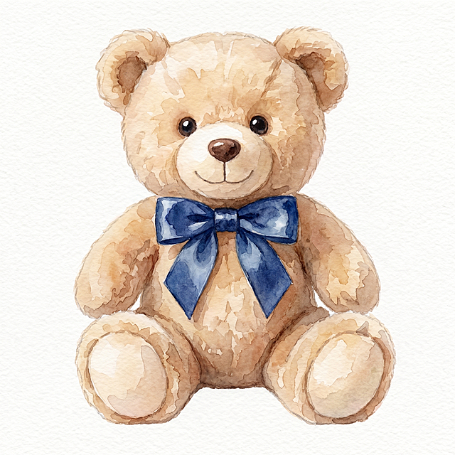 在深蓝色蝴蝶结和纯白背景的基础上，改为水彩手绘风格，保留原图泰迪熊造型和蝴蝶结颜色，整体保持清新柔和的水彩质感，画质超清4K