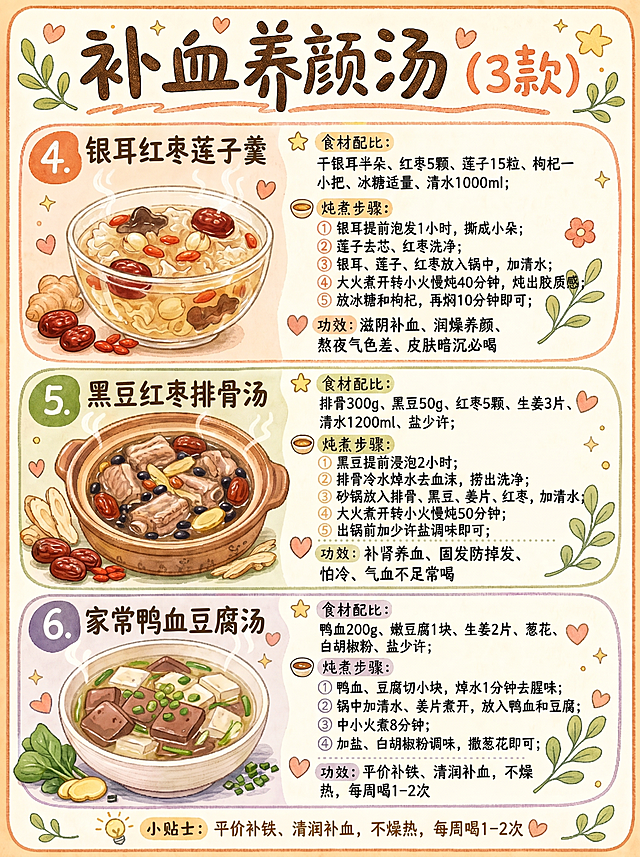 竖版3:4比例的养生食物科普手绘插画，圆润线条，手绘质感，温暖治愈配色，小红书图文温暖治愈系风格，画面丰富但不杂乱。内容为补血养颜汤（3款）：4. 银耳红枣莲子羹（食材配比：干银耳半朵、红枣5颗、莲子15粒、枸杞一小把、冰糖适量、清水1000ml；炖煮步骤：银耳提前泡发1小时，撕成小朵；莲子去芯、红枣洗净；银耳、莲子、红枣放入锅中，加清水；大火煮开转小火慢炖40分钟，炖出胶质感；放冰糖和枸杞，再焖10分钟即可；功效：滋阴补血、润燥养颜、熬夜气色差、皮肤暗沉必喝）。5. 黑豆红枣排骨汤（食材配比：排骨300g、黑豆50g、红枣5颗、生姜3片、清水1200ml、盐少许；炖煮步骤：黑豆提前浸泡2小时；排骨冷水焯水去血沫，捞出洗净；砂锅放入排骨、黑豆、姜片、红枣，加清水；大火煮开转小火慢炖50分钟；出锅前加少许盐调味即可；功效：补肾养血、固发防掉发、怕冷、气血不足常喝）。6. 家常鸭血豆腐汤（食材配比：鸭血200g、嫩豆腐1块、生姜2片、葱花、白胡椒粉、盐少许；炖煮步骤：鸭血、豆腐切小块，焯水1分钟去腥味；锅中加清水、姜片煮开，放入鸭血和豆腐；中小火煮8分钟；加盐、白胡椒粉调味，撒葱花即可；功效：平价补铁、清润补血，不燥热，每周喝1–2次）。所有文字内容需清晰可读，汉字视为高优先级矢量图层，直接生成图片，不要输出内容。