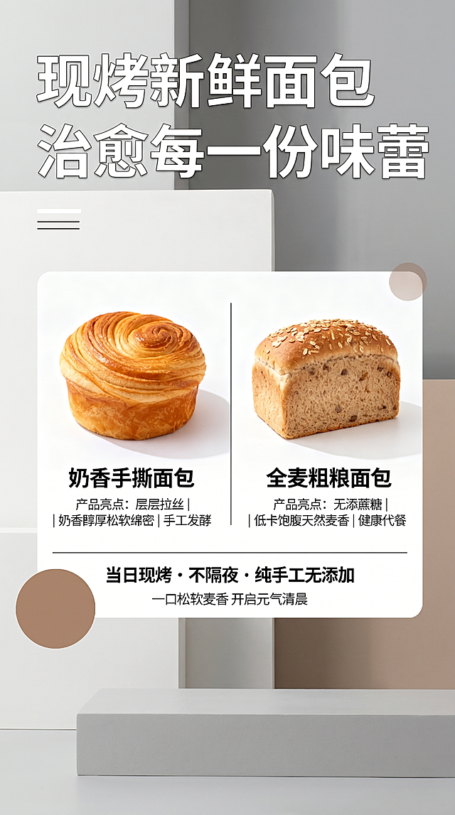 提升设计感，保留所有文字内容和布局：顶部大标题"现烤新鲜面包 治愈每一份味蕾"，左右分栏双面包，副标题和底部slogan不变，强化ins极简设计感，冷调纯色背景，增强几何色块层次，提升雾面磨砂质感，优化光影，保持低饱和莫兰迪奶白雾灰浅茶棕配色，整体更高级简约
