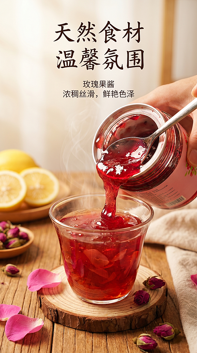 产品详情页，展示从罐中倾倒出的玫瑰果酱，突出果酱的浓稠丝滑质感和鲜艳色泽，天然食材，温馨氛围