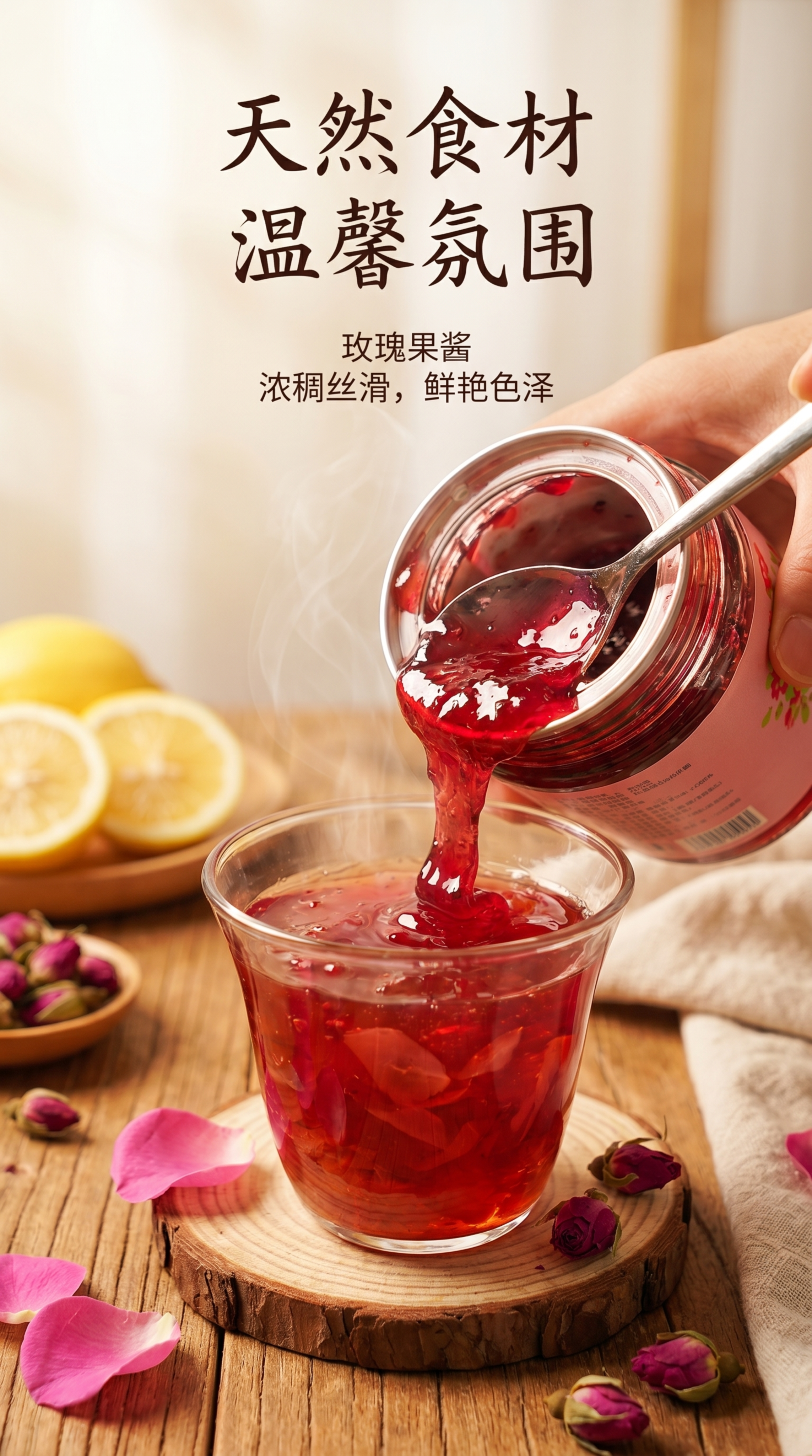 产品详情页，展示从罐中倾倒出的玫瑰果酱，突出果酱的浓稠丝滑质感… - 图片创意预览
