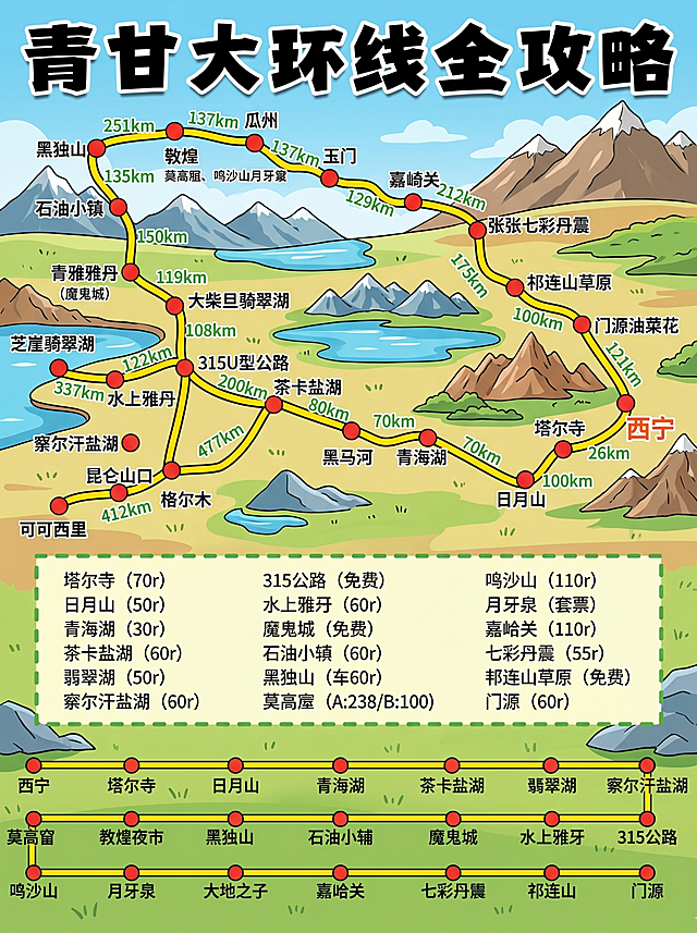 将这张青甘大环线路线图转换为卡通风格，保留所有文字信息、站点位置和公里数信息，内容详细完整，画面清晰，线条明快，色彩鲜艳