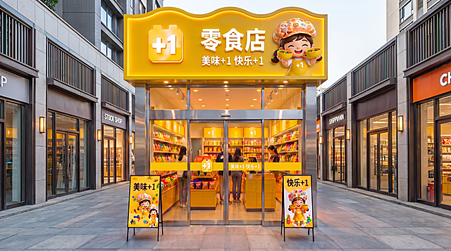 基于参考图生成白天场景的零食店门头，保持+1图标、‘零食店’文字、‘美味+1 快乐+1’标语及右侧小女孩IP不变，门面形状改为异形（顶部波浪边设计），街道环境自然，高清4K可印刷