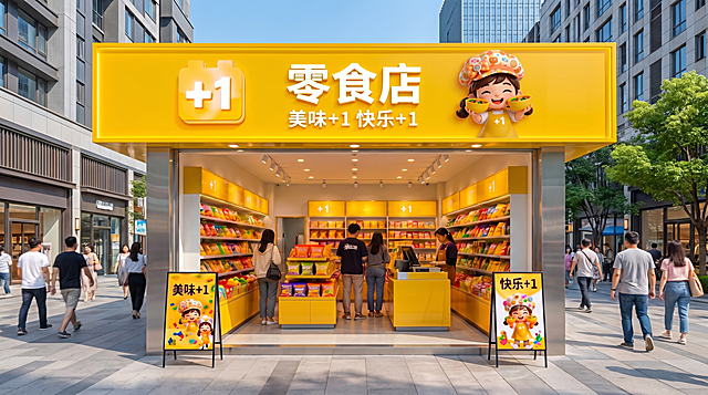 基于参考图生成白天场景的零食店门头，保持+1图标、‘零食店’文字、‘美味+1 快乐+1’标语及右侧小女孩IP不变，门面形状改为矩形窄版设计（横向拉长），街道背景自然，高清4K可印刷