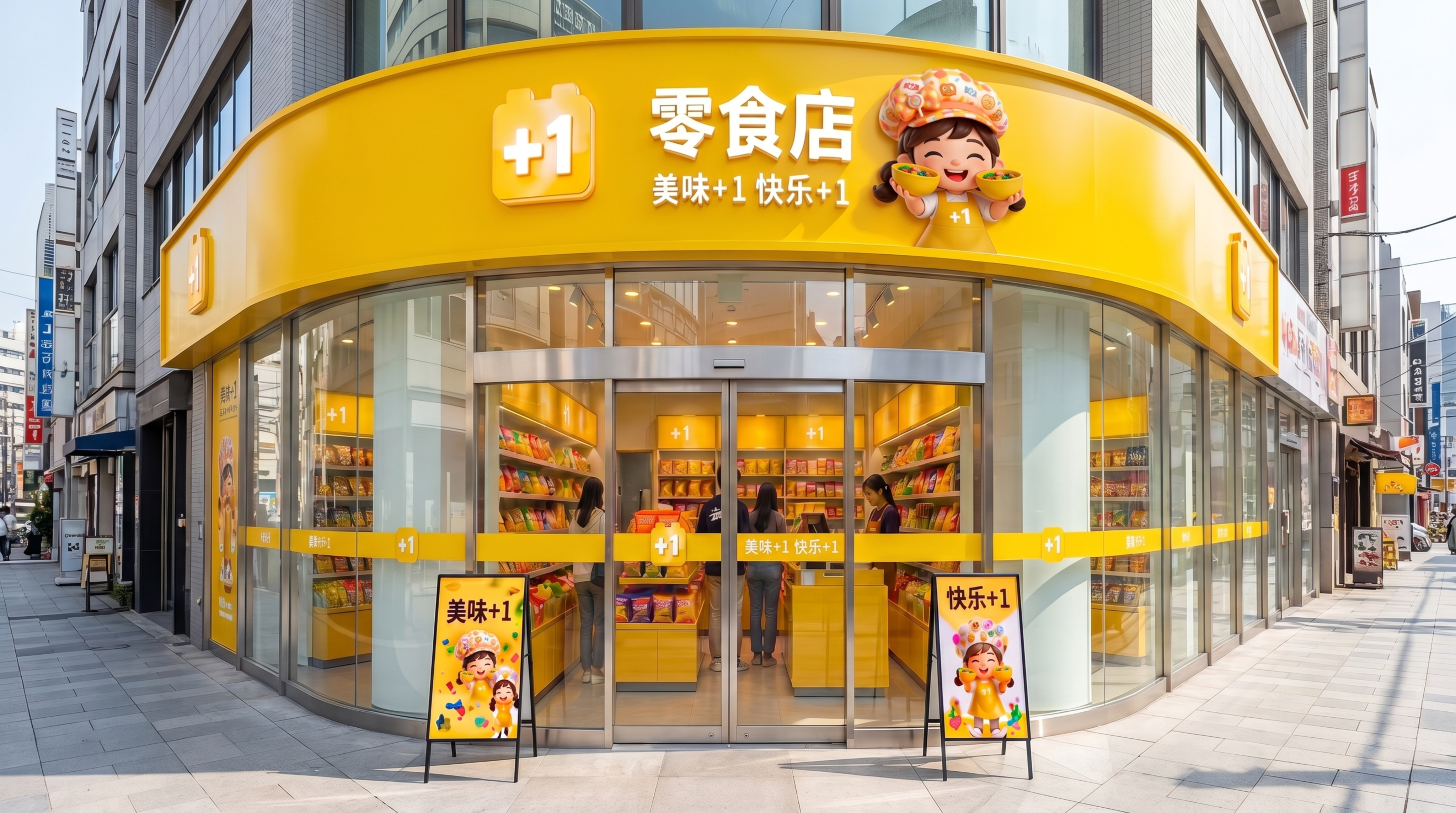 基于参考图生成白天场景的零食店门头，保持+1图标、‘零食店’文… - 图片创意预览