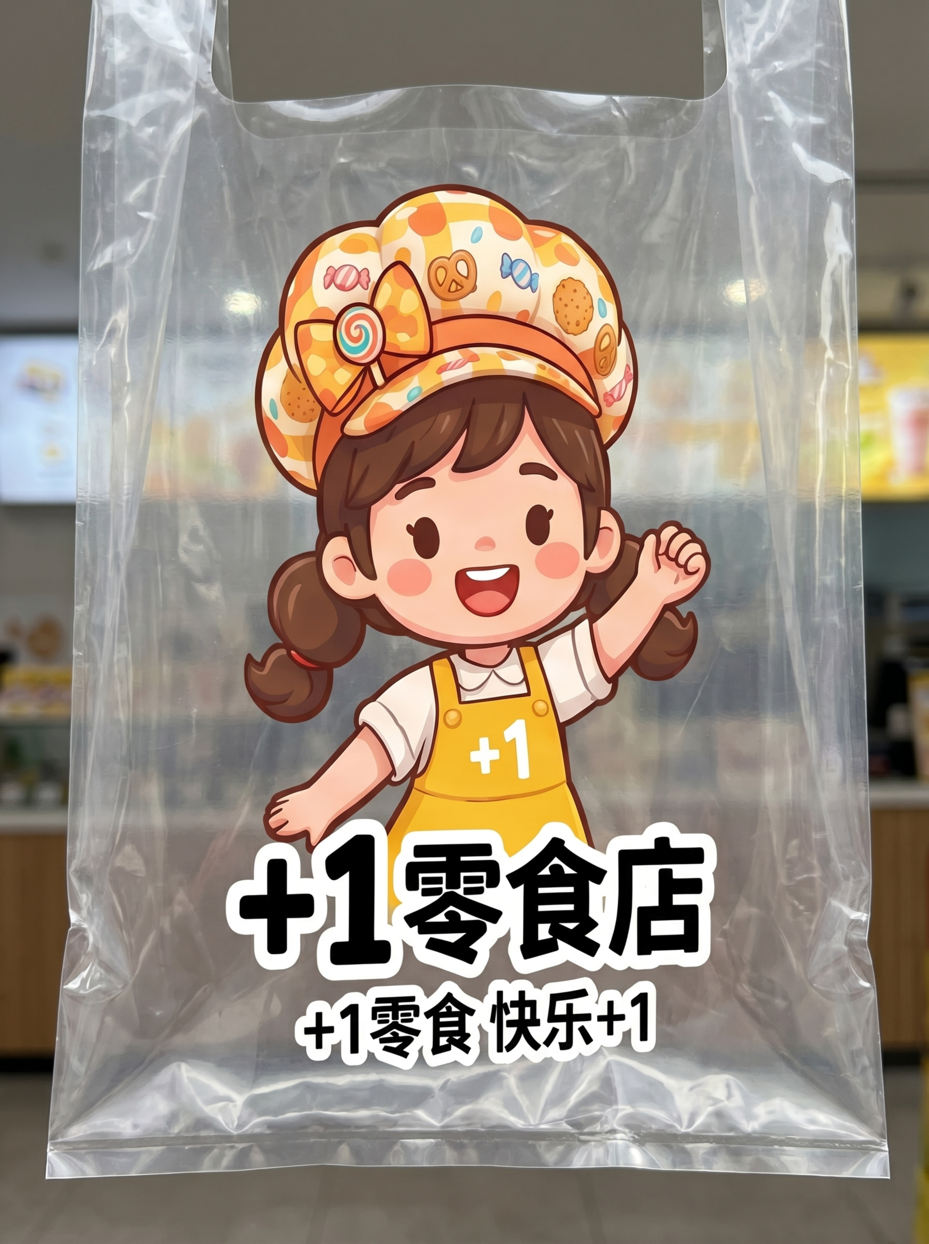 生成透明塑料袋印刷效果图：将小女孩IP形象（戴糖果帽、穿黄色围… - 图片创意预览