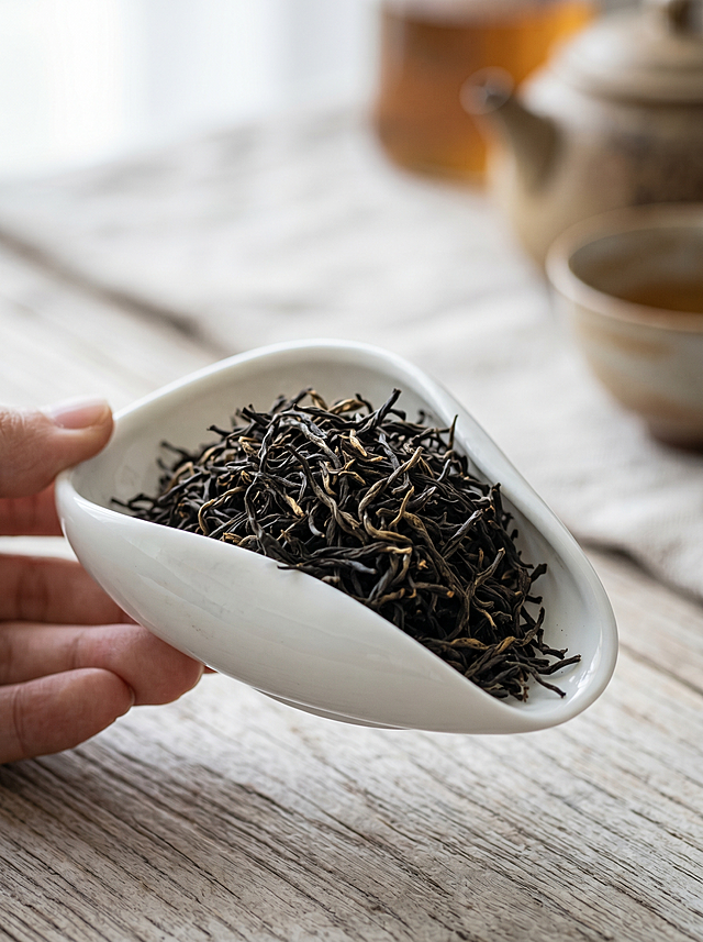 商业产品摄影，干茶条索近景，遵义红茶干茶，条索紧细匀整乌黑显金毫，干净干爽蓬松，放置在白瓷茶荷上，柔和自然光，背景简洁，低饱和通透色调，严格锁定宽高比为 3:4