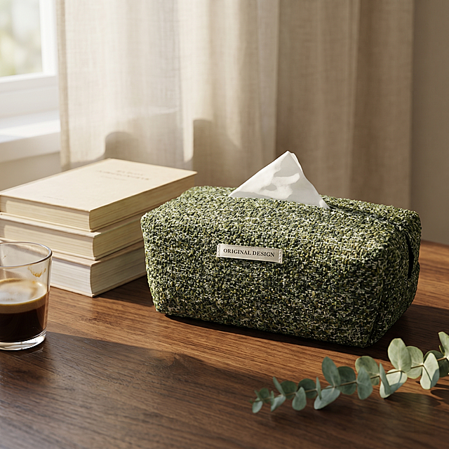 超写实室内角落静物摄影。
主体：纸巾盒严格参照上传产品图，完整保留所有可见组件、轮廓、结构、比例、材质、颜色与产品本体上的文字信息，与上传图完全一致；产品占画面60%-70%，完整不裁切，近景特写构图，镜头贴近产品，自然融入场景光影，与场景共处同一物理空间。
构图与陈列：微俯15°视角，放置于客厅茶几一角，承载真实平稳。
风格：日式素雅。
场景：午后客厅茶几一角，暖光静谧氛围。
承载与背景：①胡桃木茶几面，深棕实木纹理；②背景是浅米白亚麻布帘，柔和虚化。
陪衬物：①纸巾盒左侧，三本书籍堆叠，浅米色封面纸张，纸张材质；②茶几右下角，一小枝尤加利叶，绿色，枝叶形态；③书籍旁，半透明玻璃咖啡杯，透明玻璃，浅棕色咖啡渍。
配色：主色调胡桃棕60%+辅助色米白25%+点缀色尤加利绿15%，画面实际颜色4种：深棕/米白/墨绿/透明
材质：画面实际材质4种：实木/布艺/玻璃/织物，纹理自然清晰。
光影：主光从左侧斜窗45°斜入，照亮产品主体，辅光为墙面环境反射补光；产品边缘有微弱轮廓光，编织织物材质呈现柔和漫射肌理，茶几表面投影边缘柔和不锐利。
参数：4K写实光追。严格锁定宽高比为 1:1。