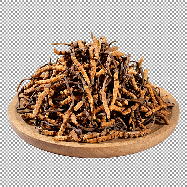 产品精修，背景改为透明背景，输出png格式，将图中原虫草花替换为图二的冬虫夏草，保持在圆形木盘上的堆叠形态，去除所有水印，产品置于透明背景，专业商业棚拍光，5500K标准中性白光，轮廓光，体积光，曝光正确，强烈真实立体感，主体居中，商品完整入画不裁切，商品外轮廓视觉体量约画面60%-80%，四边均匀留白约10%-20%，严禁满幅铺满与贴边顶满，极致超清画质，深度细节锐化，4K分辨率，3d渲染，商业级画质，产品表面完美无瑕，清除底纹、广告条、贴片、角标、文字残留、非商品自带Logo、水印、平台标识，锁定原图冬虫夏草颜色，多件商品逐件对应原图色相、材质光泽和分段色块边界，锁定原图商品轮廓、件数、部件位置、连接关系、标签文字和可见功能细节，只做精修不重绘结构，锁定原图冬虫夏草干材质感表现，保持原有质感、光泽、纹理和色相关系，前侧视图，强制透视矫正，自动水平校准，几何垂直对齐，扶正倾斜商品，每个独立商品逐个摆正，逐个校准水平线和垂直轴，底部基线对齐，高低错位需整理为整齐陈列，比例1:1