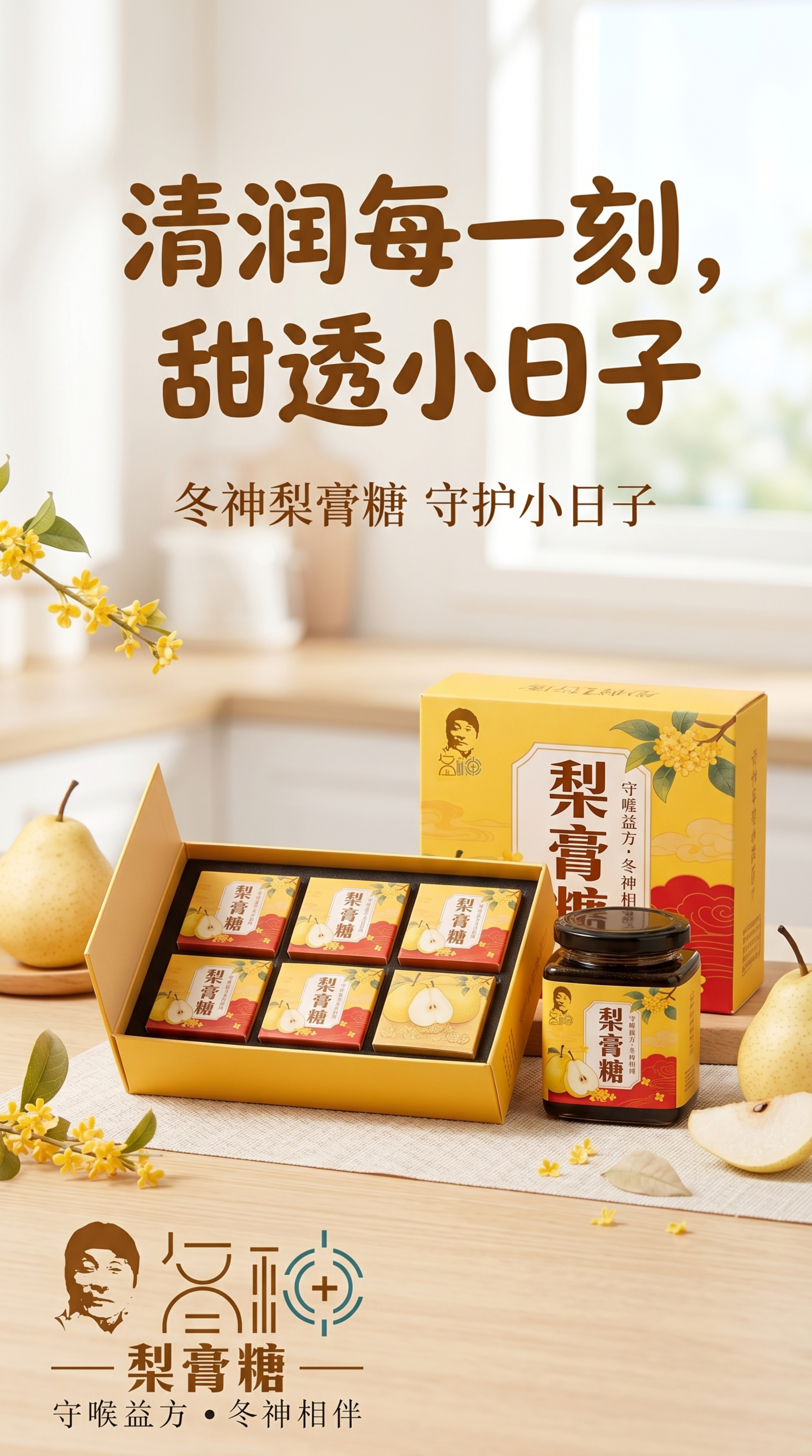 冬神梨膏糖年轻化品牌海报，清新治愈风格，暖黄搭配浅棕低饱和度色… - 图片创意预览