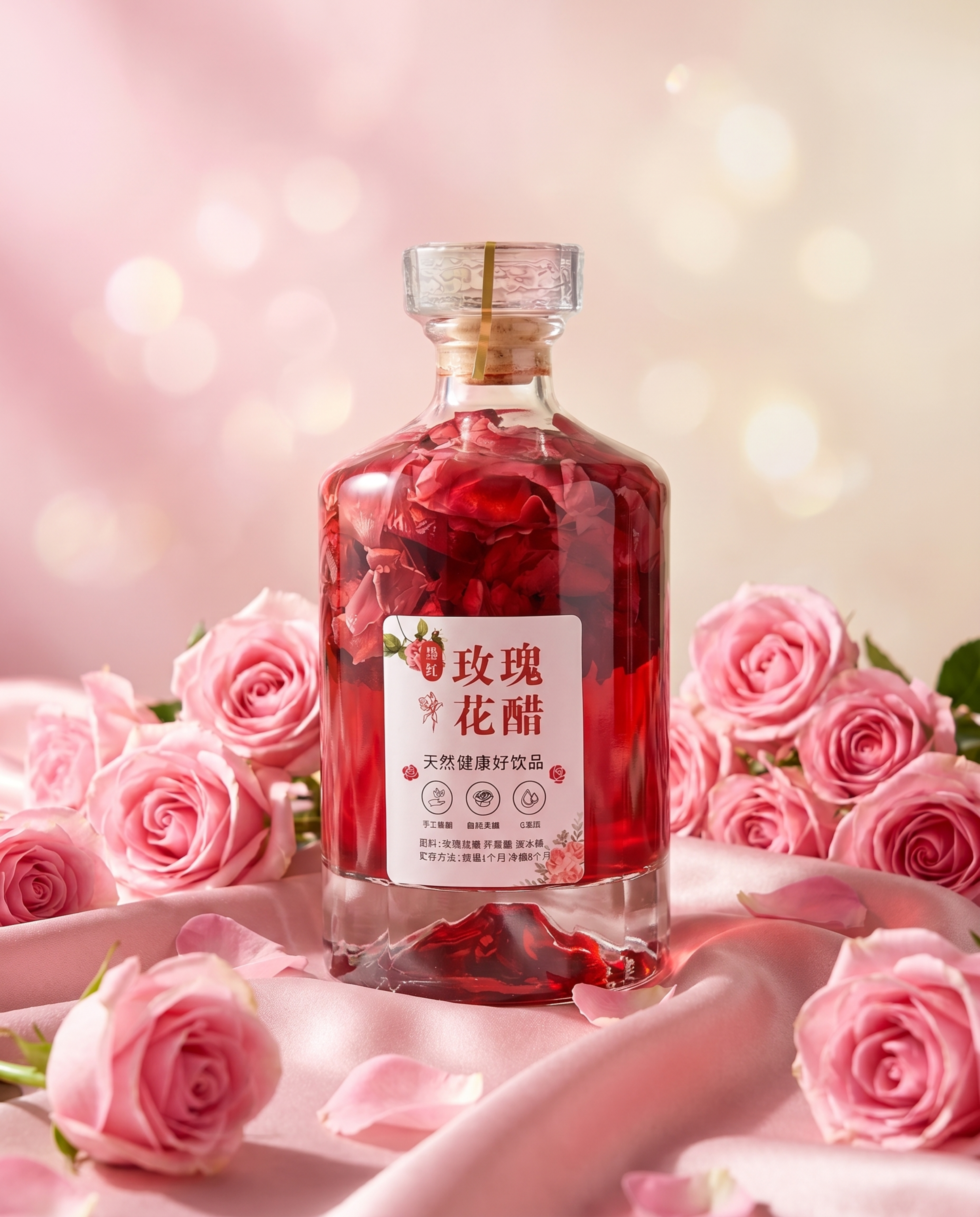 高端产品摄影风格，玫瑰花醋玻璃瓶严格参照上传产品图，完整保留所… - 图片创意预览