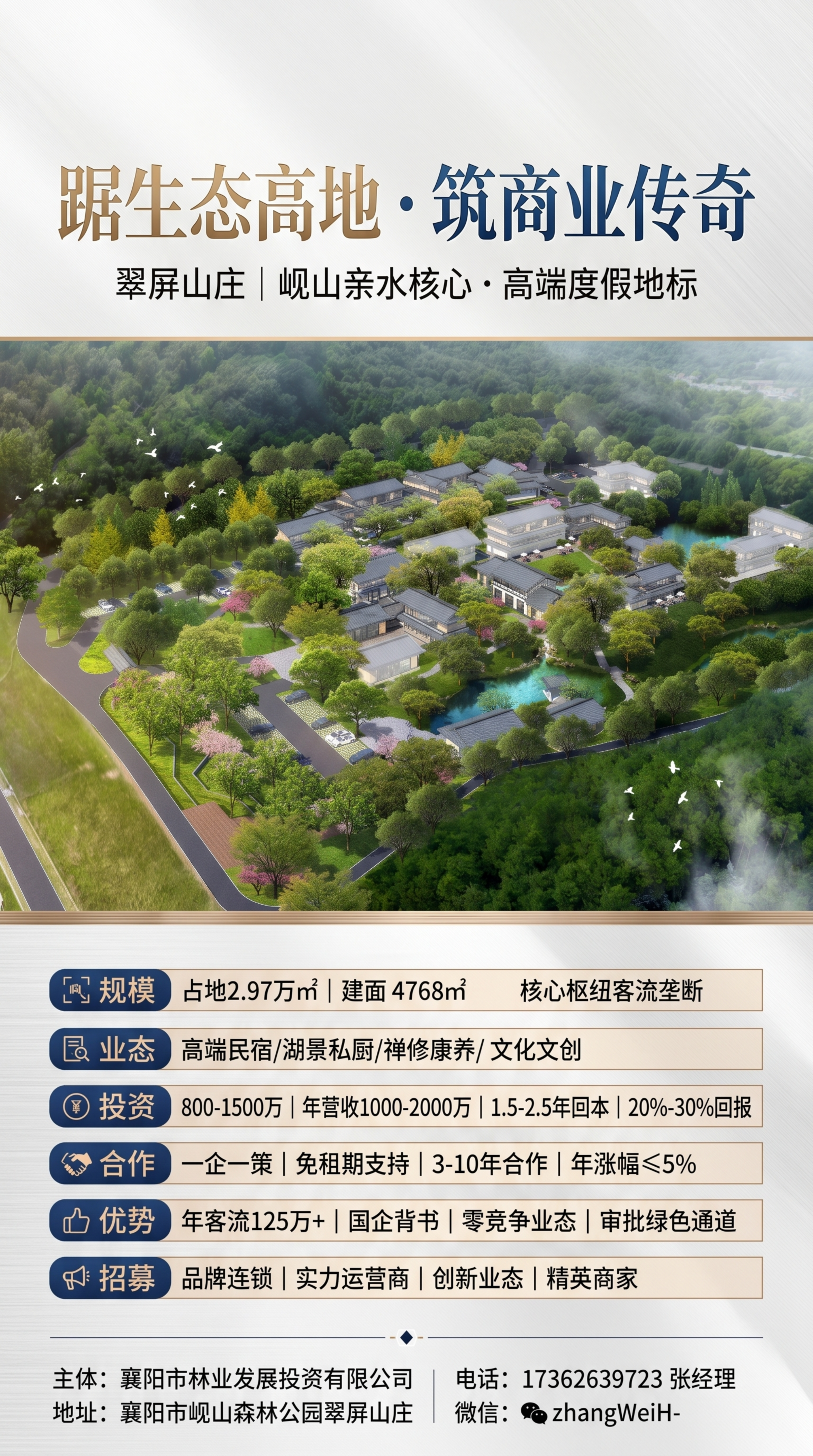 基于提供的翠屏山庄鸟瞰效果图，制作竖版商务风格招商海报，高清大… - 图片创意预览