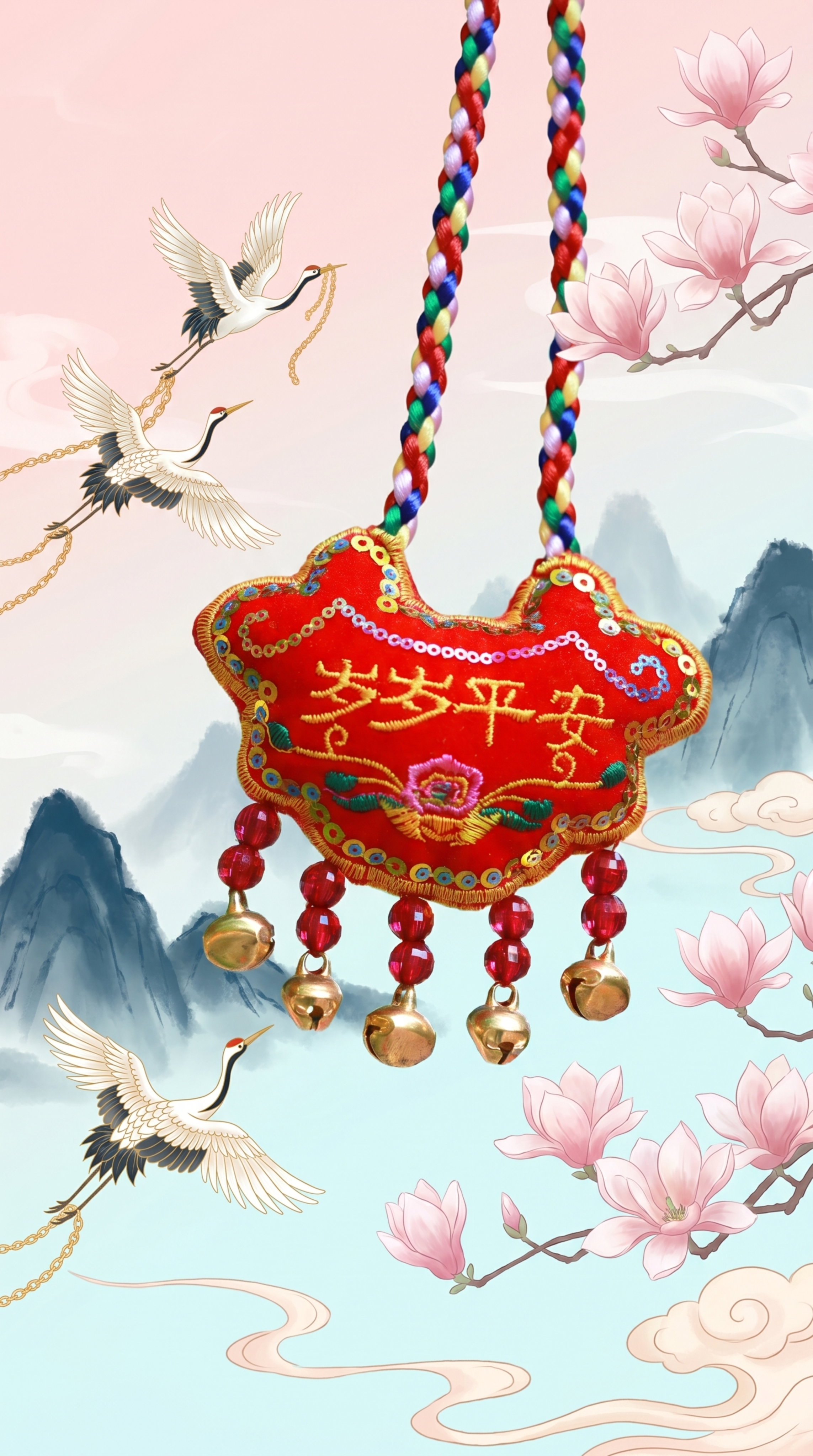 国风新中式珠宝海报，画面主体是一枚绣花的百岁锁，背景为淡粉与浅… - 图片创意预览