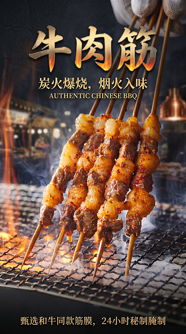 基于这张牛肉筋烤串图片，制作一张美食宣传海报，保留原始烤串产品，突出产品名称"牛肉筋"，整体风格高级有烟火气，背景烘托炭火烧烤氛围，保留烟熏火燎的氛围感，商业海报设计
