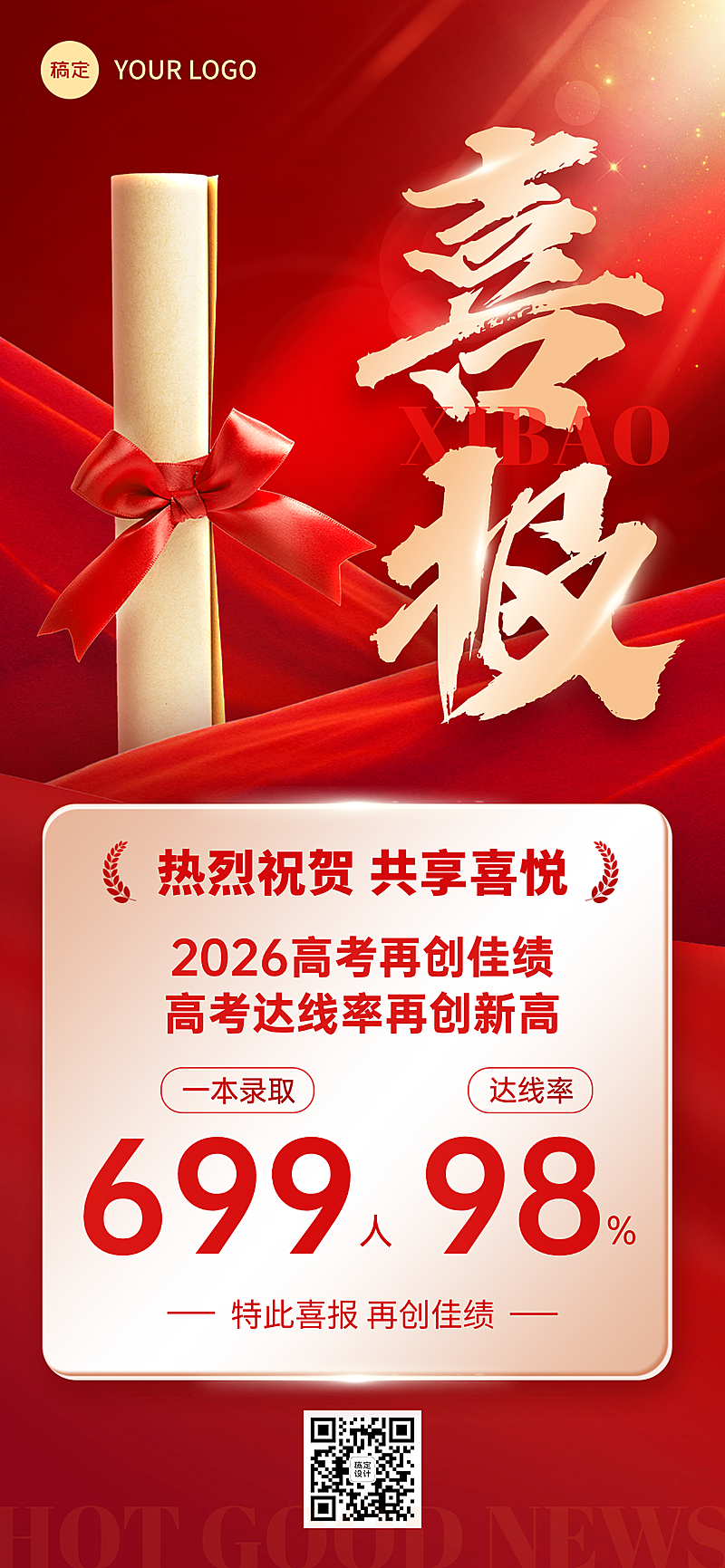 高考喜报战报荣誉教育培训喜庆感全屏竖版海报