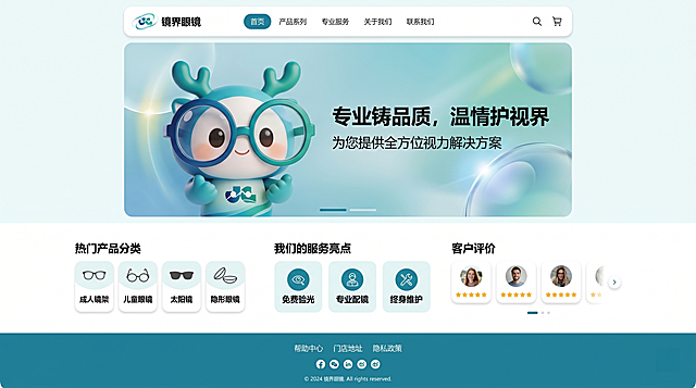 基于提供的吉祥物IP形象与品牌logo，设计镜界眼镜官网首页：主色调#1486A3与#219189，包含顶部导航、轮播图（含IP形象+标语“专业铸品质，温情护视界”）、产品分类区、服务亮点模块、客户评价区、底部版权信息；整体现代简约风格，留白充足，UI元素圆润，适配PC端，突出品牌亲和力与专业感