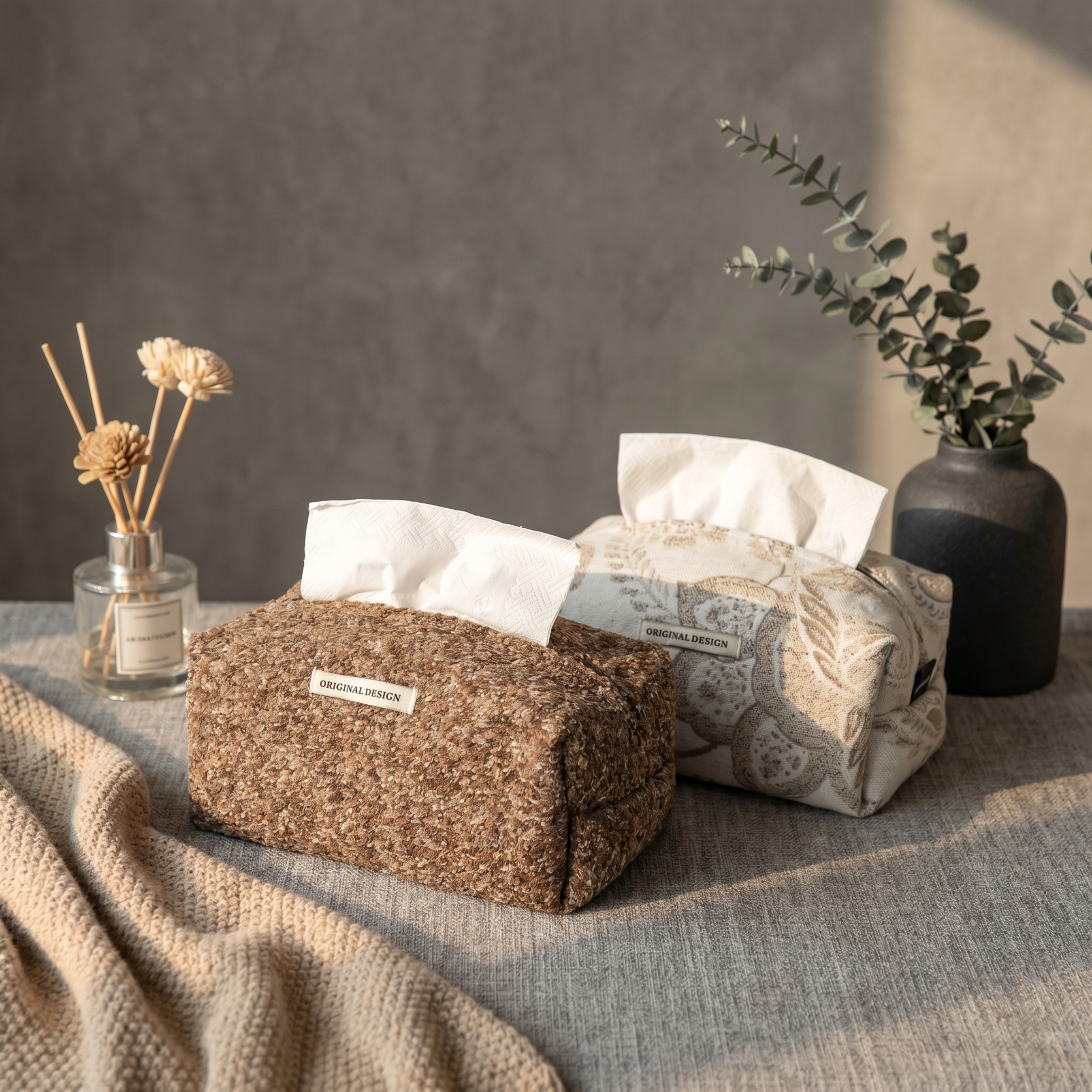 超写实温馨家居静物摄影。 主体：纸巾盒严格参照上传产品图，完整… - 图片创意预览