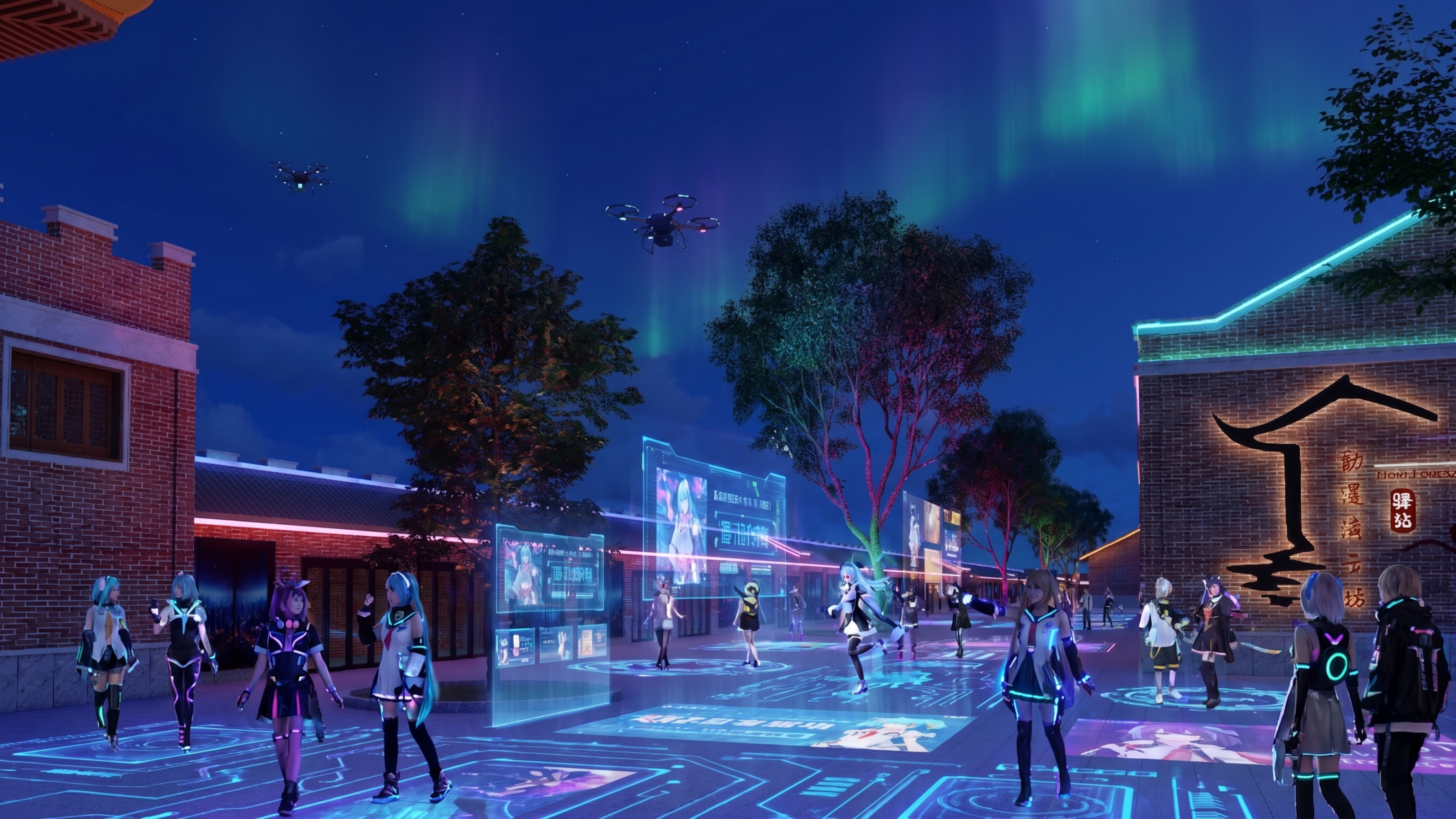 将场景处理为夜景，添加COSPLAY动漫人物，保留原有红砖建筑… - 图片创意预览