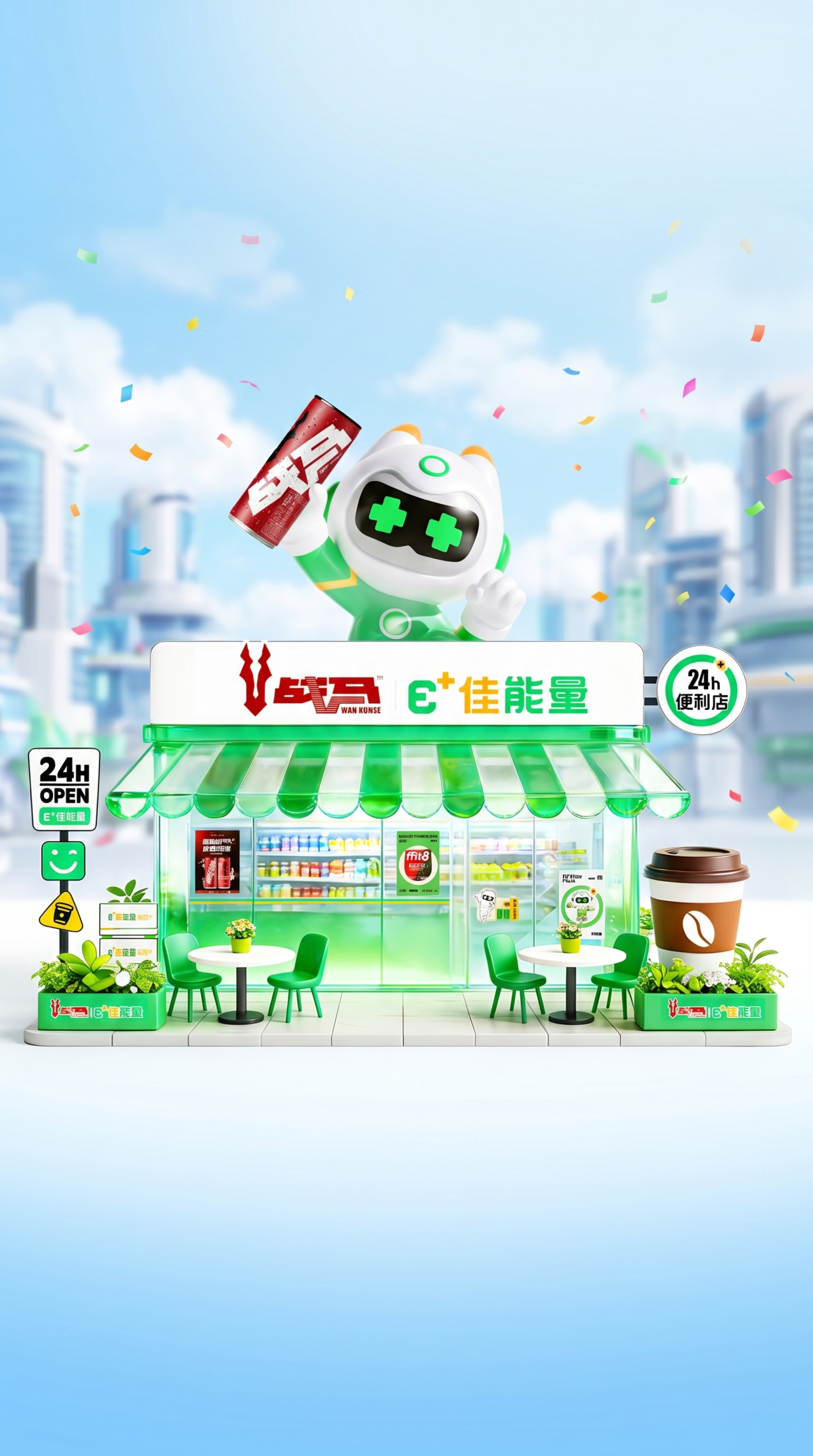 超写实渲染战马x佳能量便利店商业宣传海报，保持原有便利店和IP… - 图片创意预览